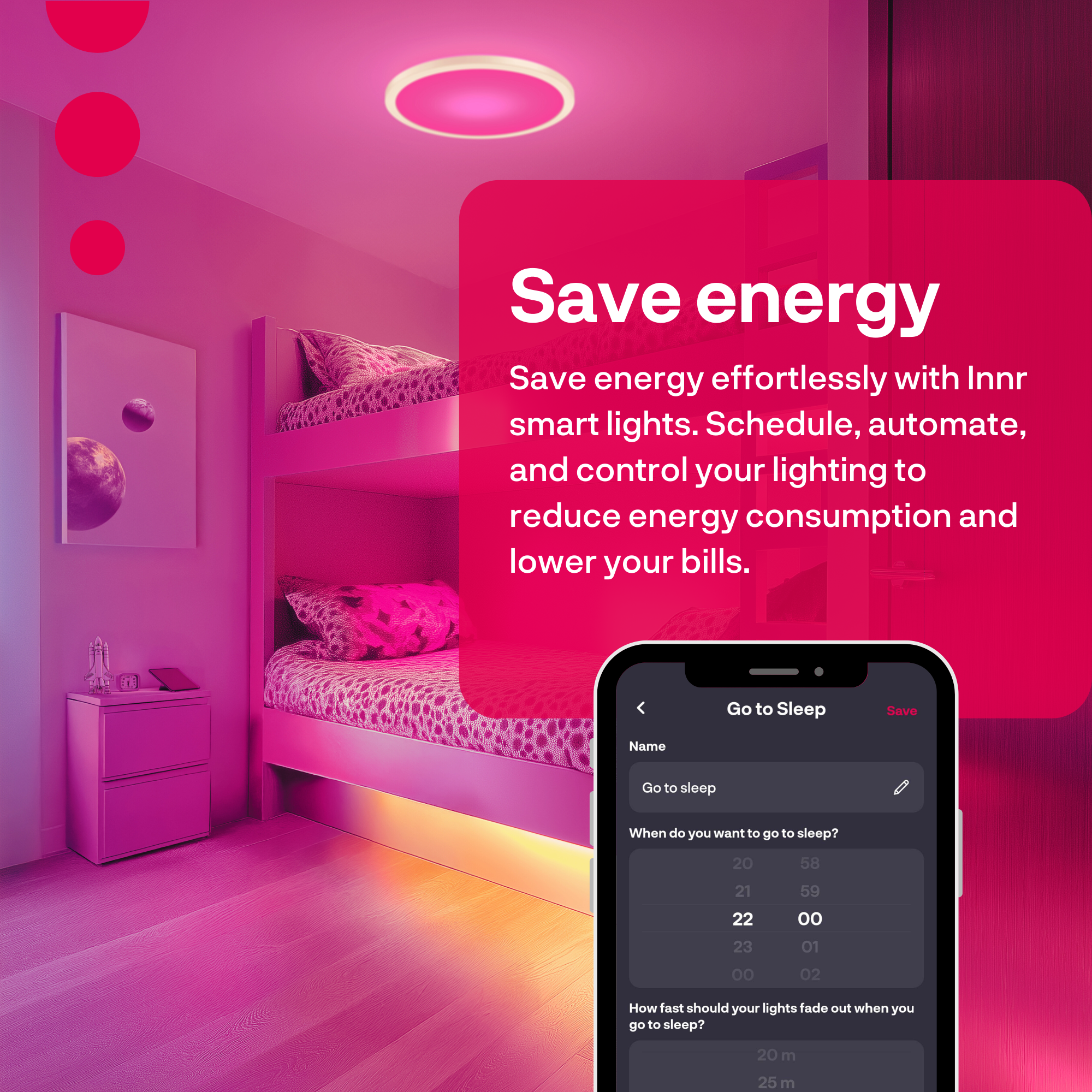 Une chambre rose avec lits superposés, montrant une application d'économie d'énergie.