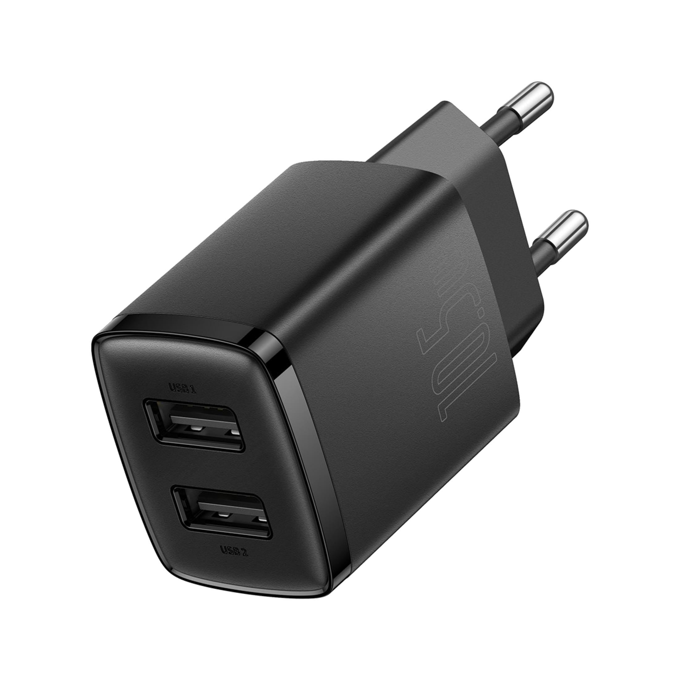 Adattatore caricabatterie USB nero con due porte USB e spina europea.