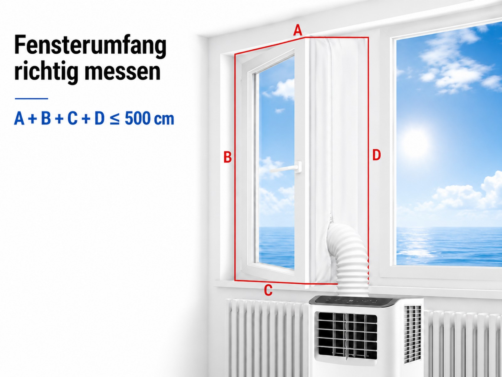 Fensterrahmenmessung mit Beschriftung A, B, C, D und Formel. Klimagerät unten.