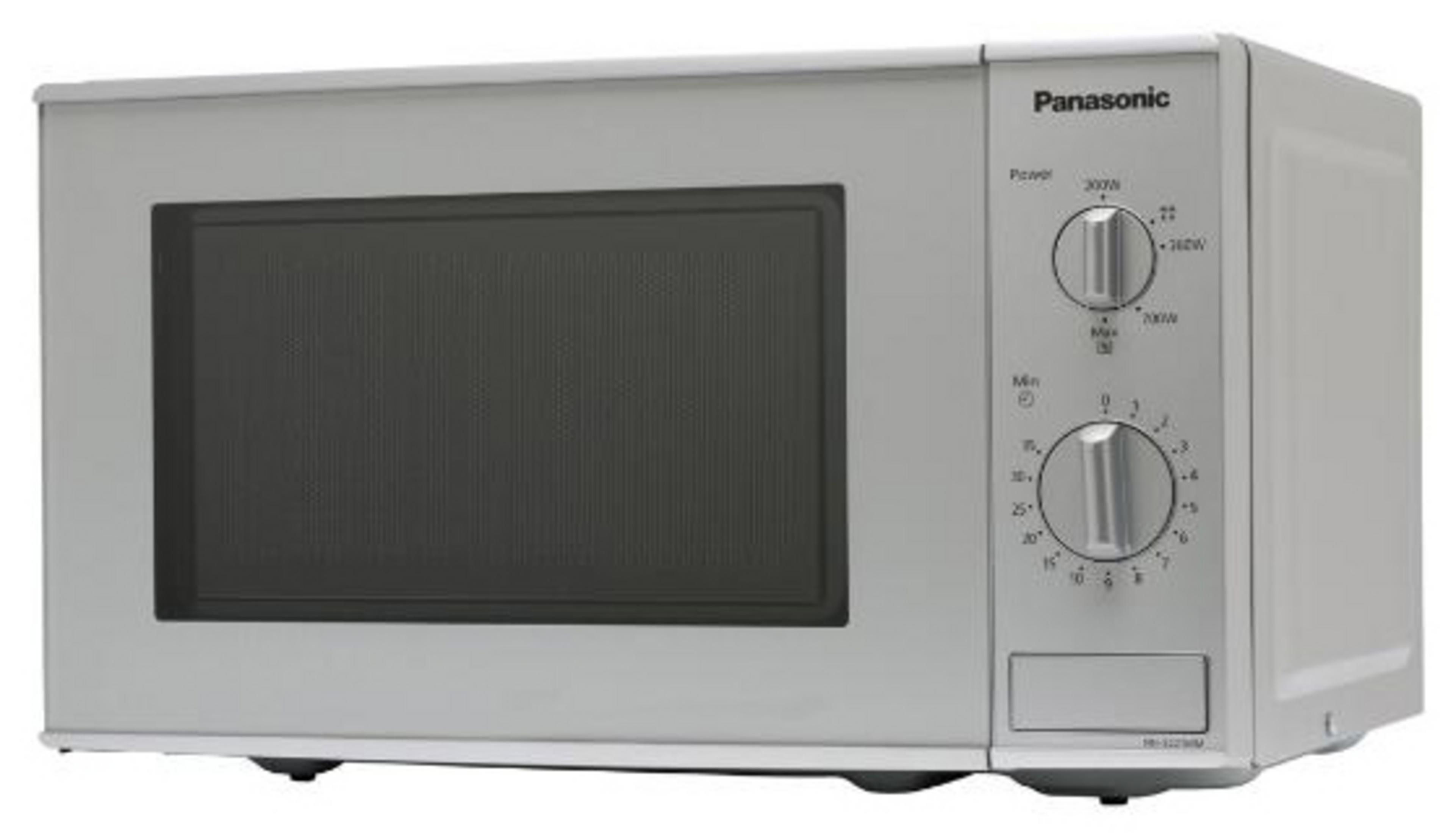 Un forno a microonde Panasonic argentato con porta nera e due manopole rotanti.