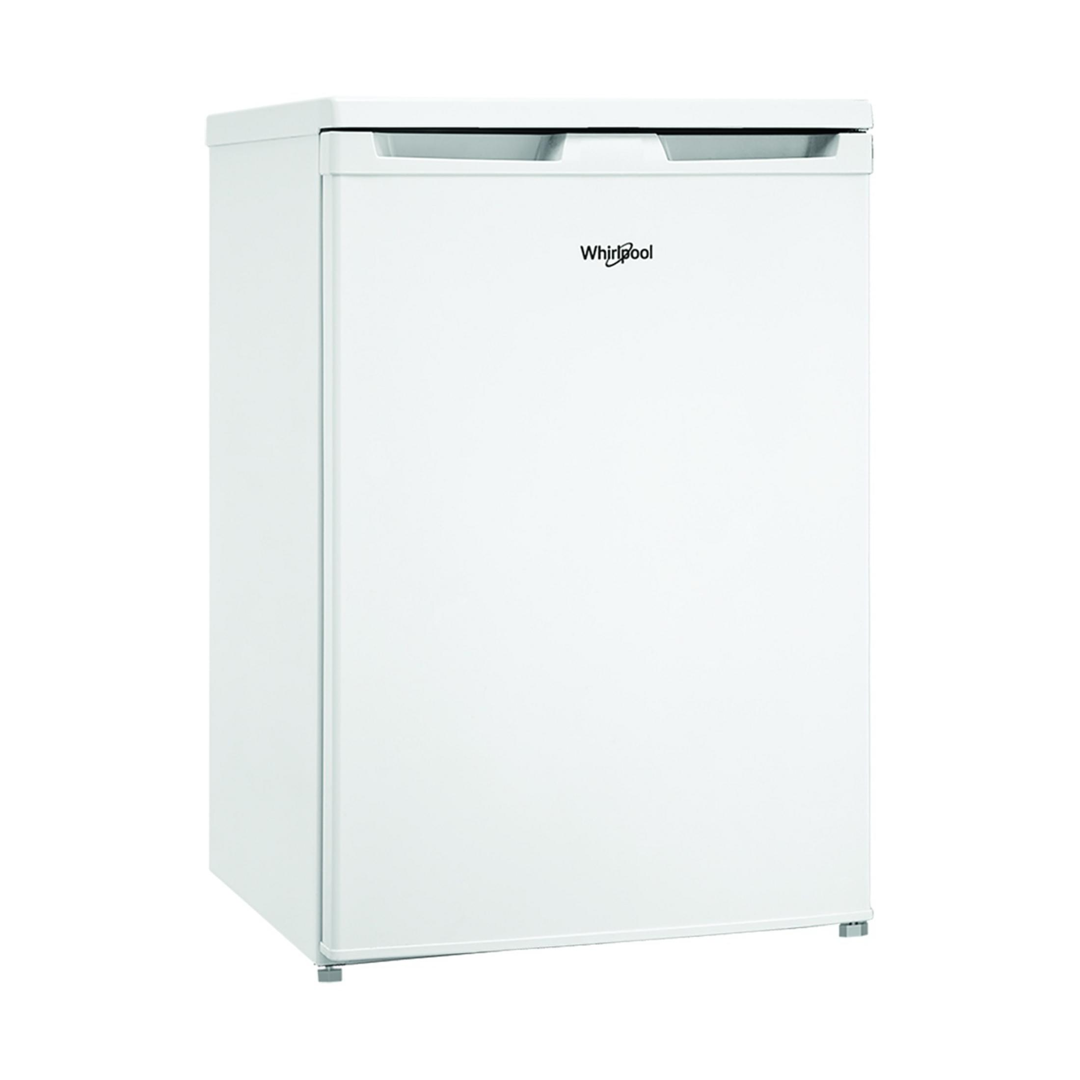 Un refrigerador blanco Whirlpool con un asa plateada en la parte superior.