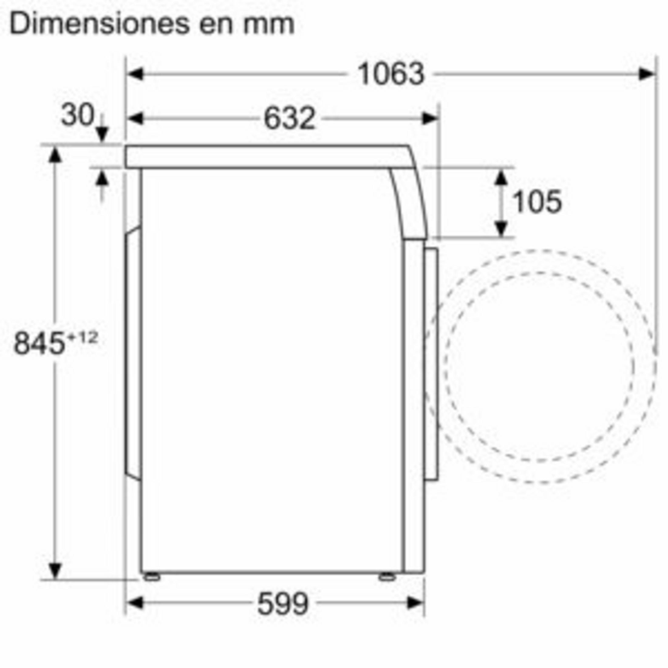 Dibujo técnico con dimensiones para un electrodoméstico. Altura 845+12mm, anchura 599mm.