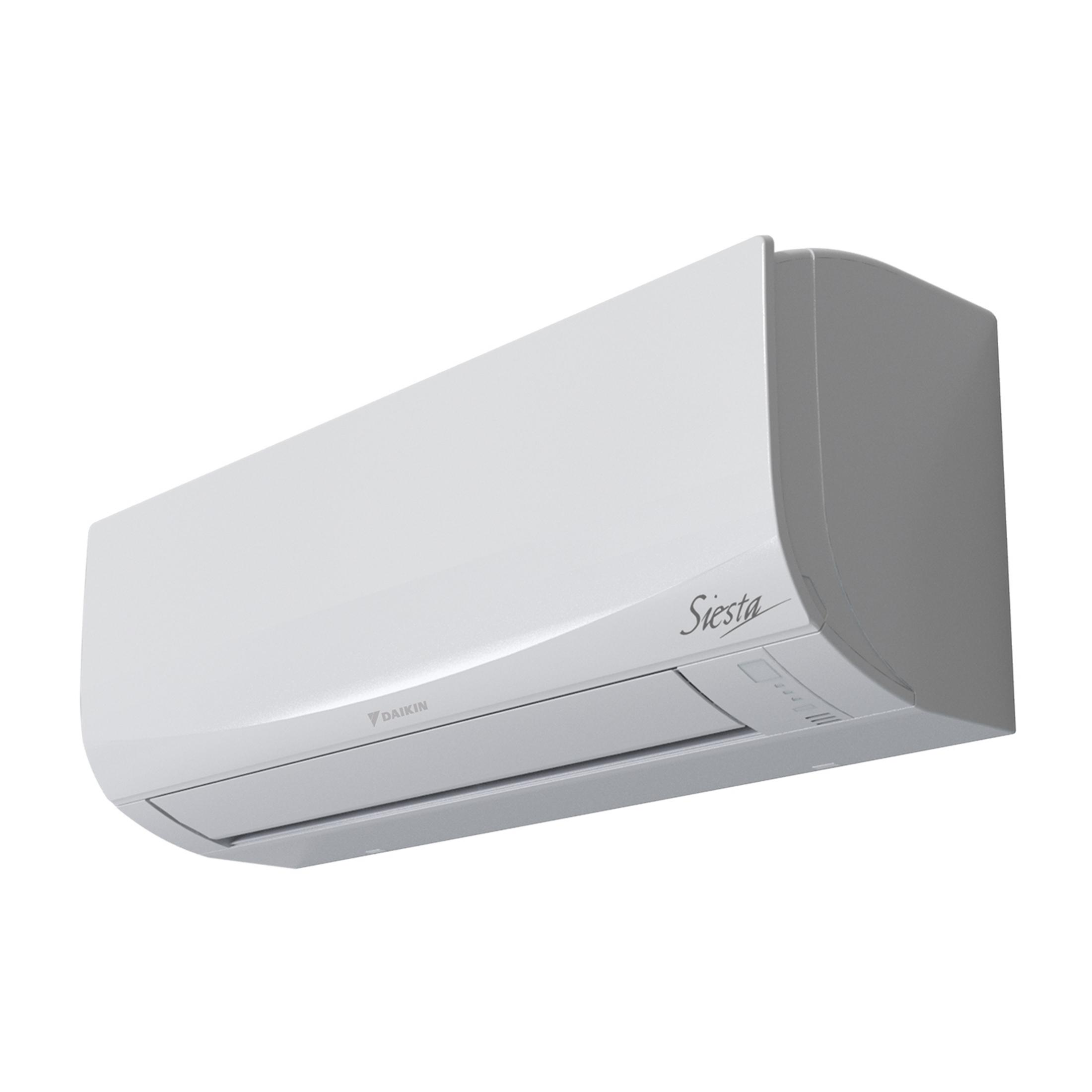 Un condizionatore Daikin Siesta bianco montato su sfondo bianco.