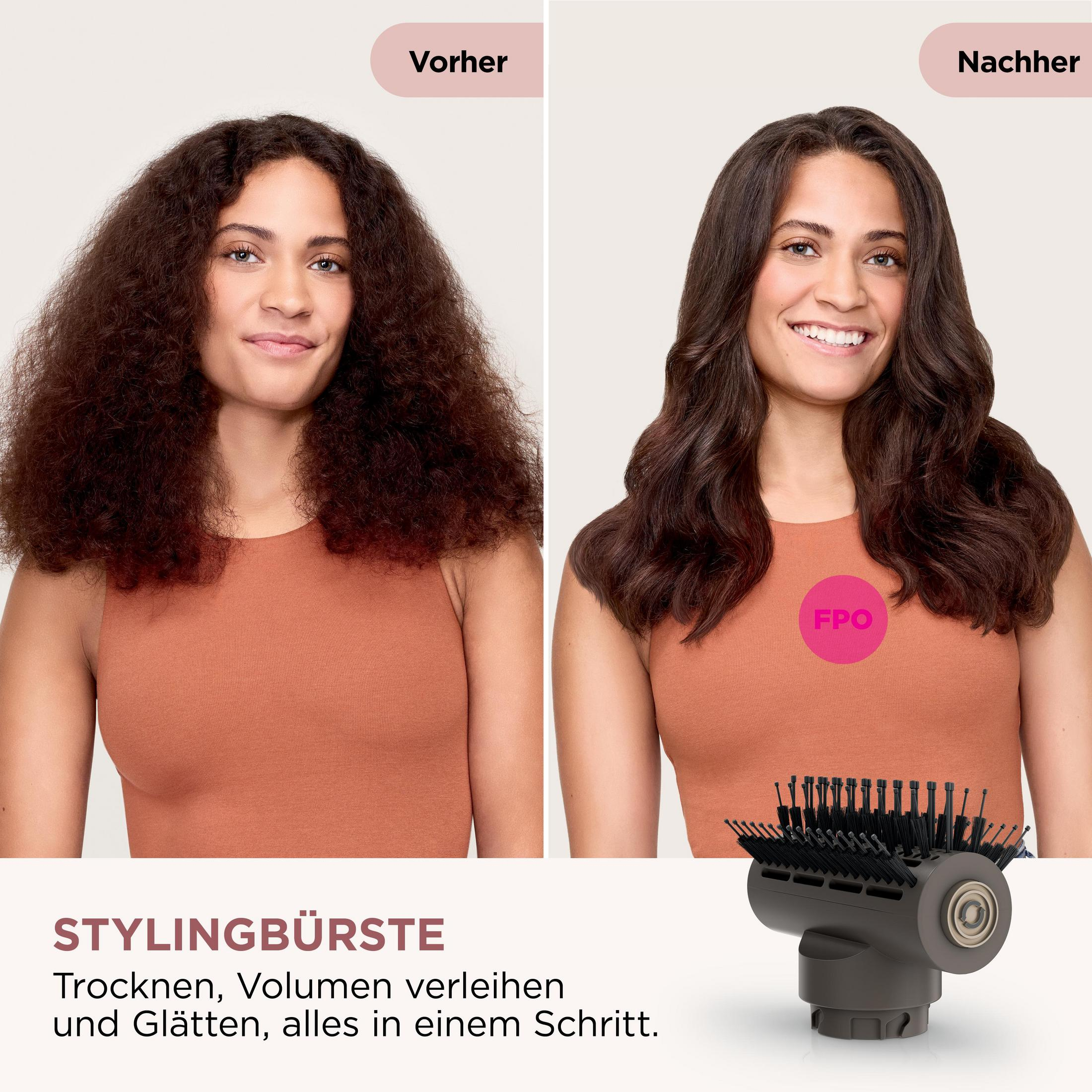 Before/after hair comparison: frizzy vs. smooth, with styling brush.