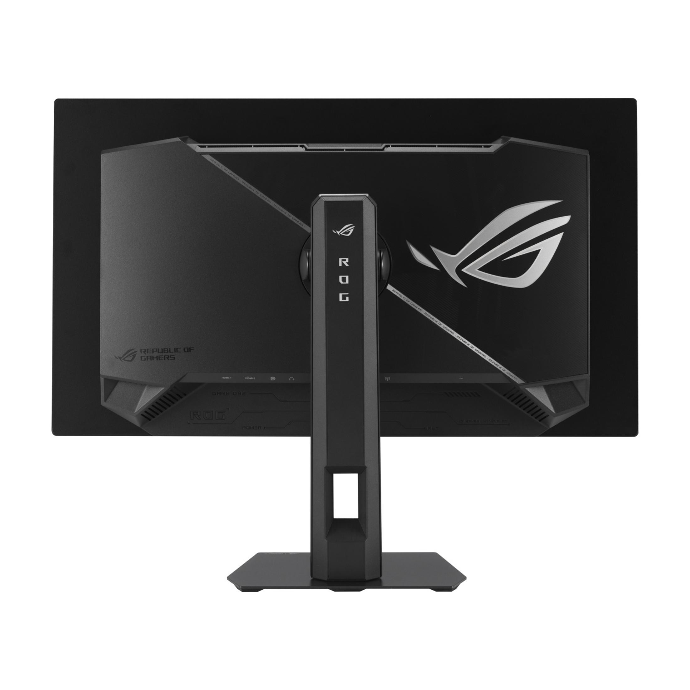 Rückseite eines schwarzen Monitors mit ROG-Logo und Ständer.