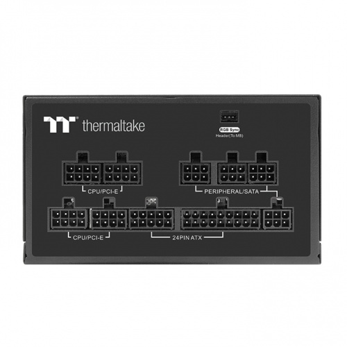 Schwarzes Thermaltake-Netzteil mit beschrifteten Anschlüssen für CPU, PCI-E, SATA und ATX.