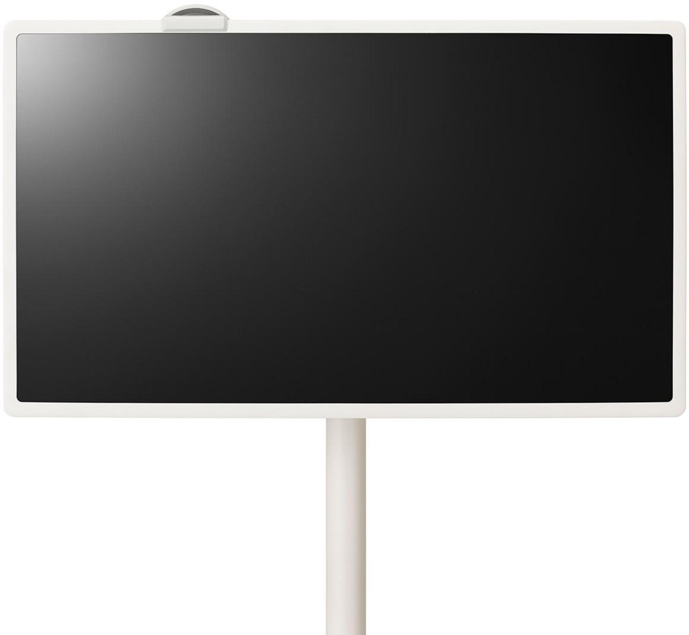 Uno schermo bianco con un display nero, montato su un supporto.