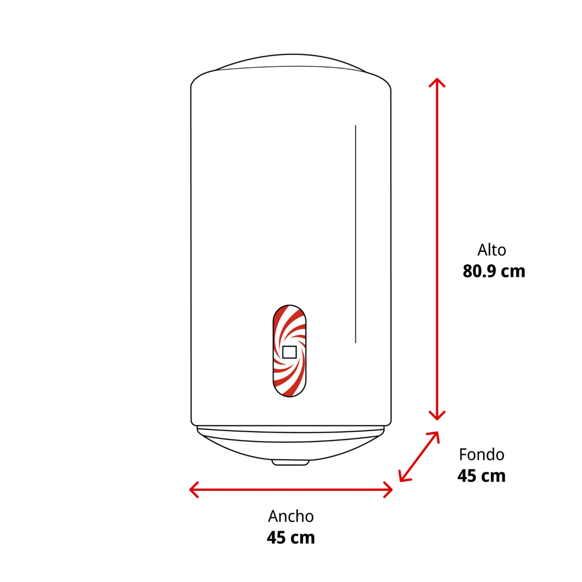 Disegno tecnico di uno scaldabagno. Altezza 80,9 cm, larghezza 45 cm, profondità 45 cm.