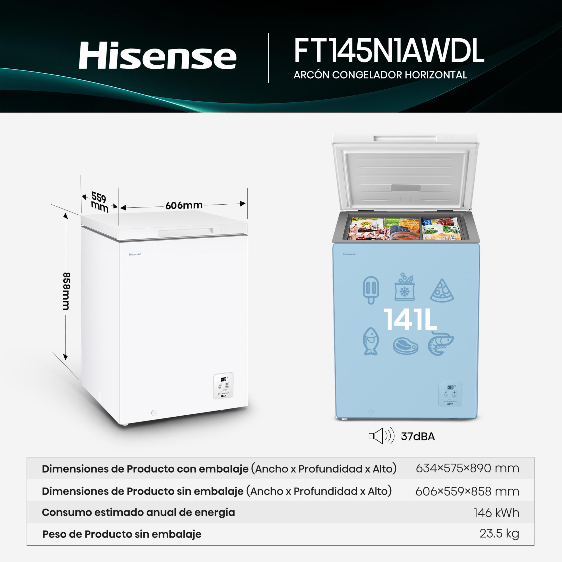 Congelador Hisense con dimensiones 606x559x858mm, capacidad 141L y eficiencia energética.