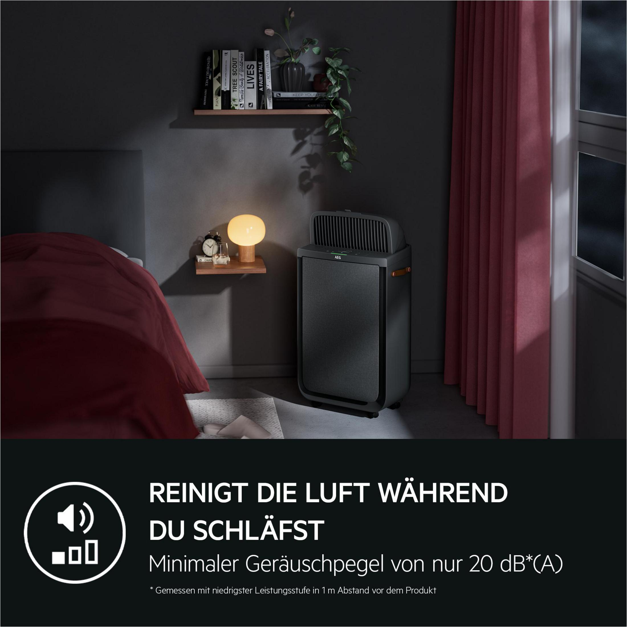 Ein Luftreiniger steht neben einem Bett in einem Schlafzimmer. Nachts.