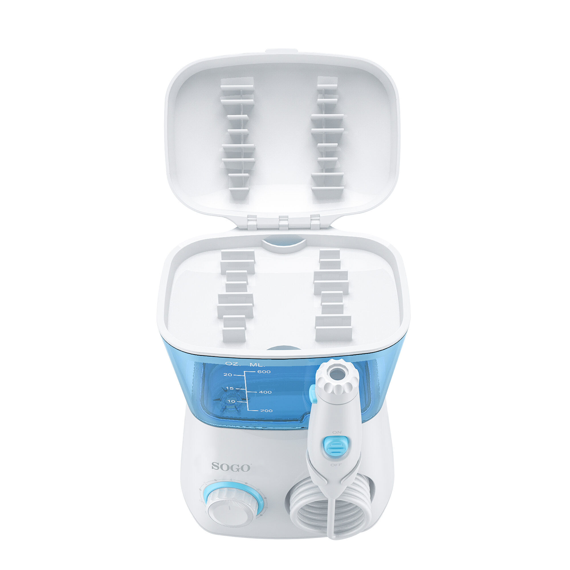 Un idropulsore elettrico bianco con serbatoio blu e coperchio aperto con supporti.