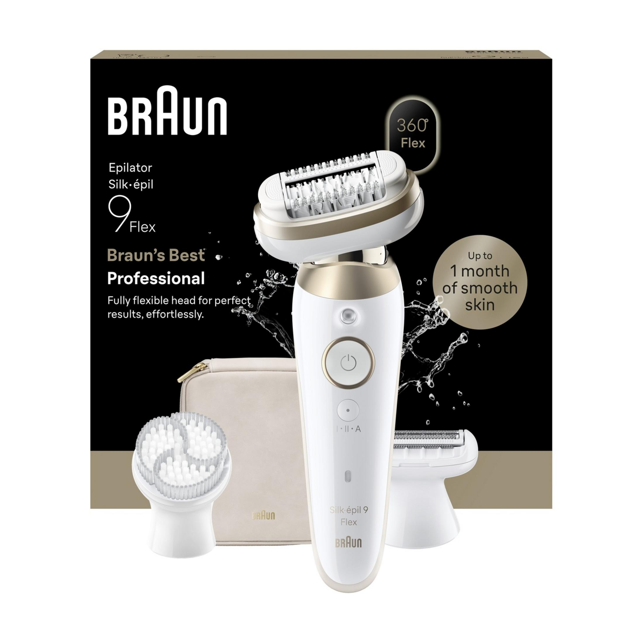 Braun Silk-épil 9 Flex Epilierer mit Zubehör auf schwarzem Hintergrund.