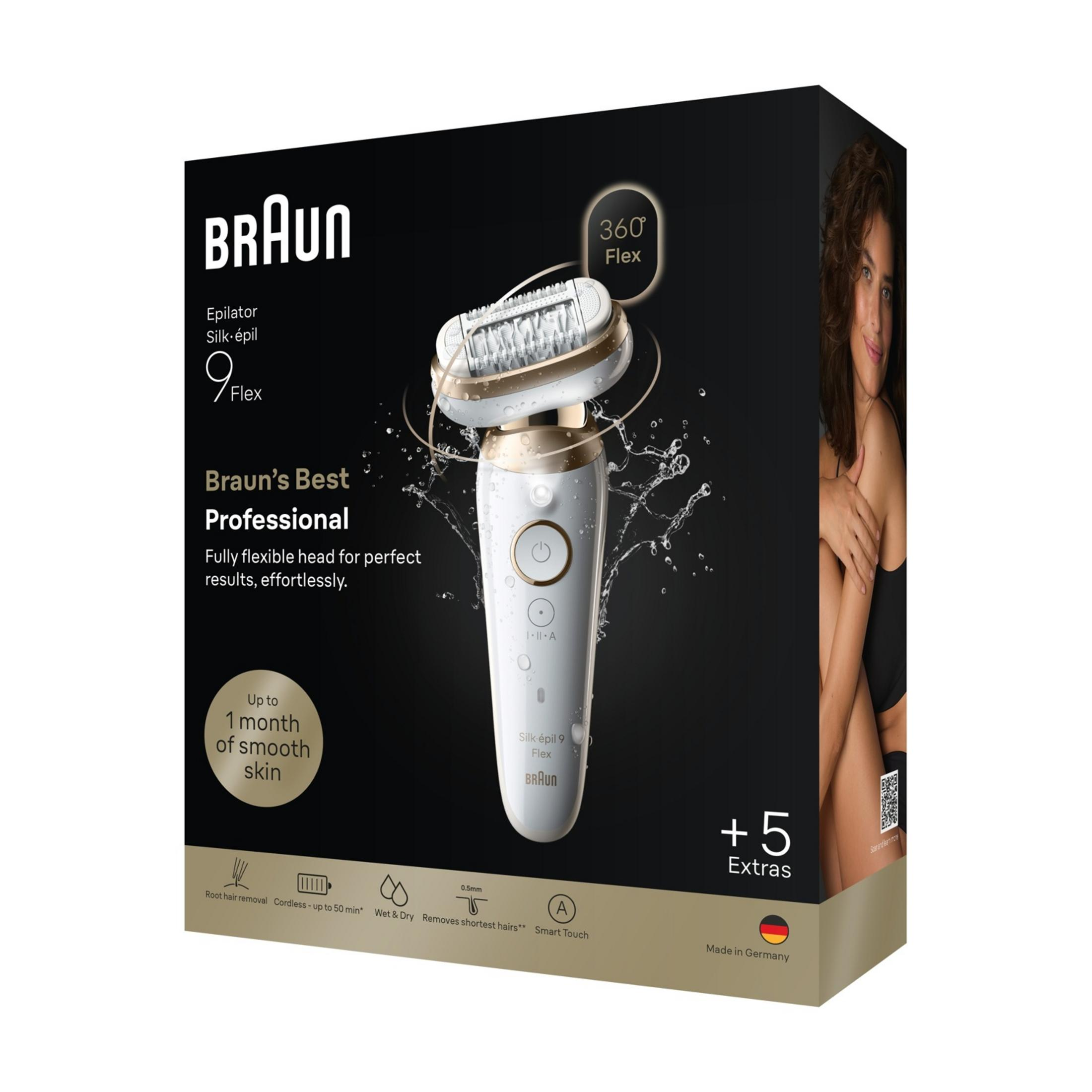 Braun Silk-épil 9 Flex Epilierer mit schwenkbarem Kopf, nass und trocken verwendbar.