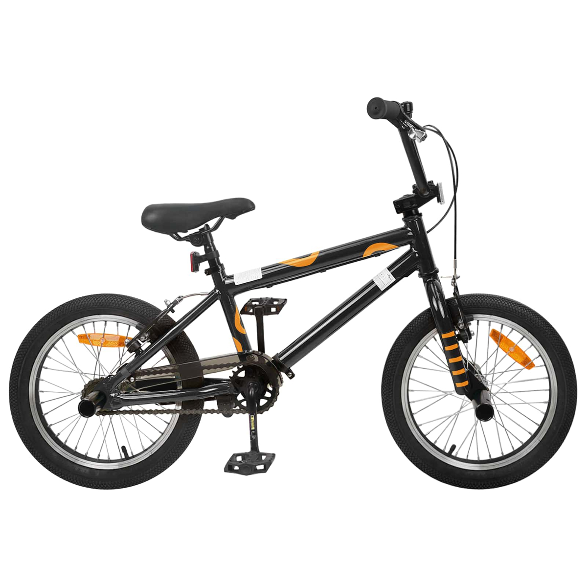 Ein schwarzes BMX-Fahrrad mit orangefarbenen Akzenten, schwarzen Reifen und Lenker.