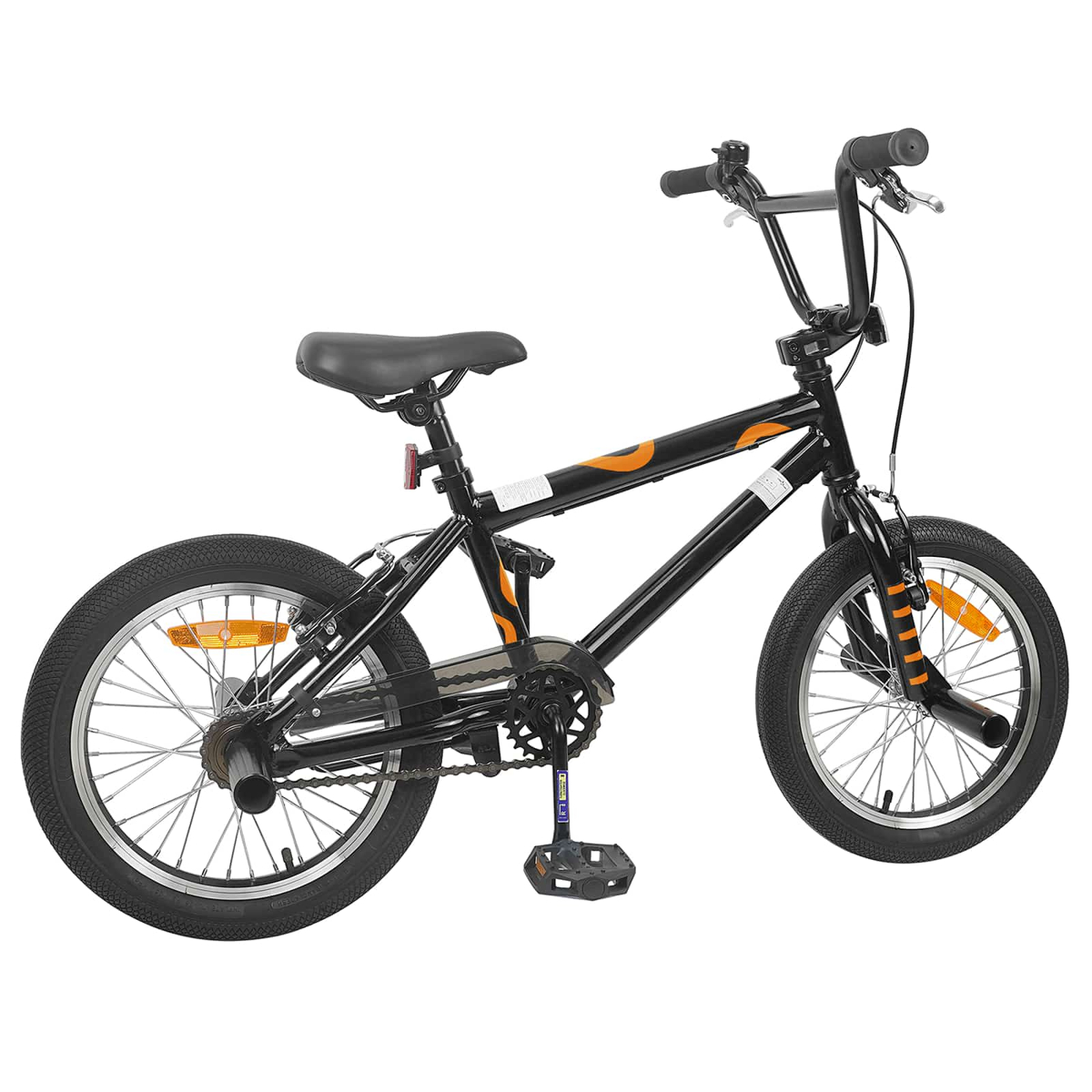 Ein schwarzes BMX-Rad mit orangefarbenen Akzenten und silbernen Speichen.
