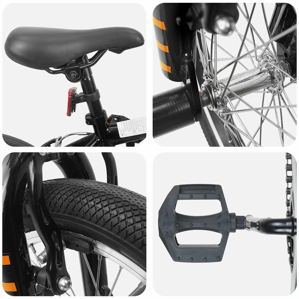 Collage von Fahrradteilen: Sattel, Radnabe, Reifen und Pedal.