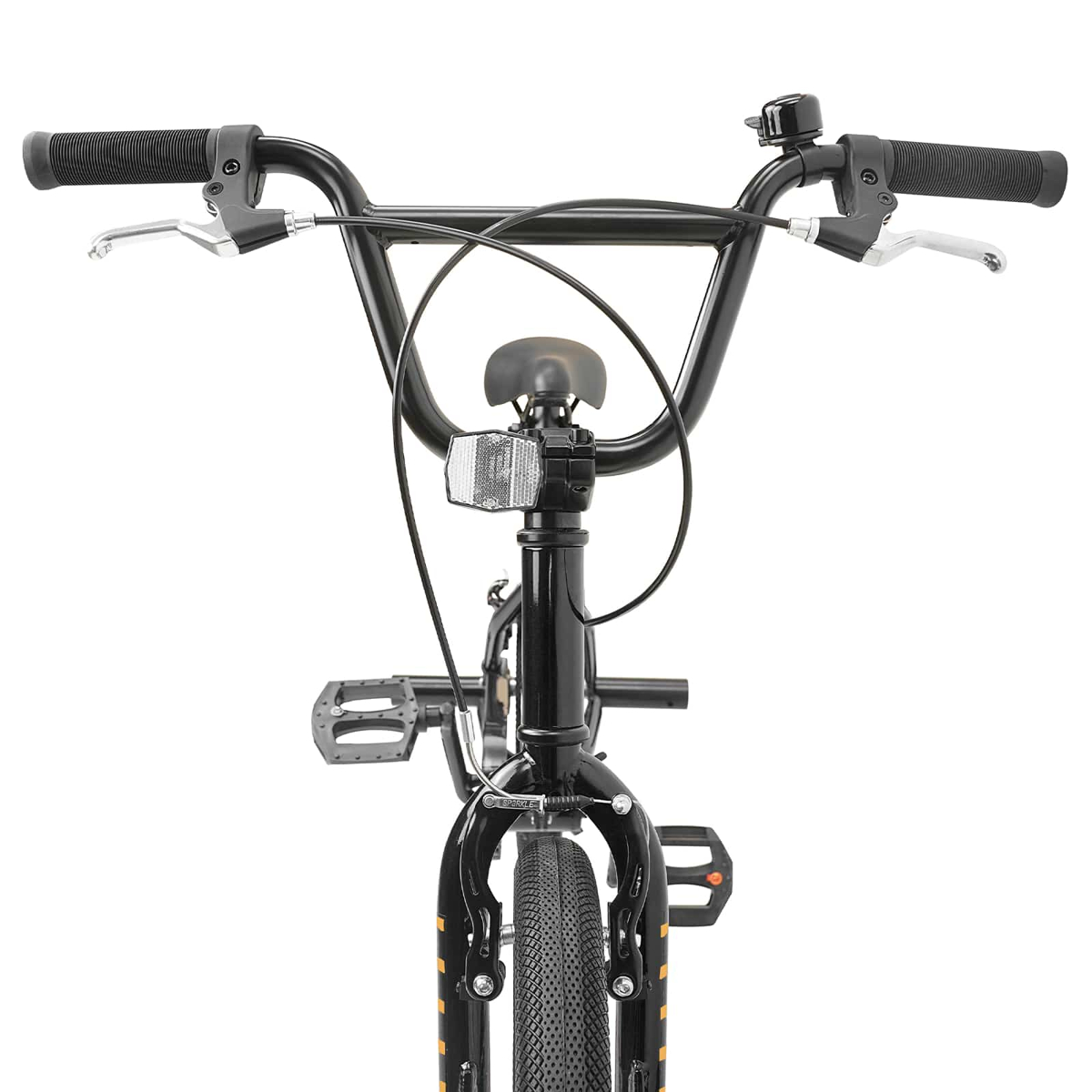Nahaufnahme eines schwarzen BMX-Rads, Lenker und Vorderreifen mit weißem Hintergrund.