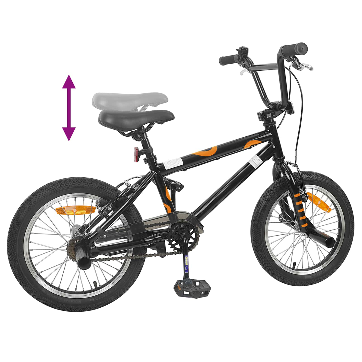 Schwarzes BMX-Rad mit orangefarbenen Akzenten und verstellbarer Sitzhöhe.