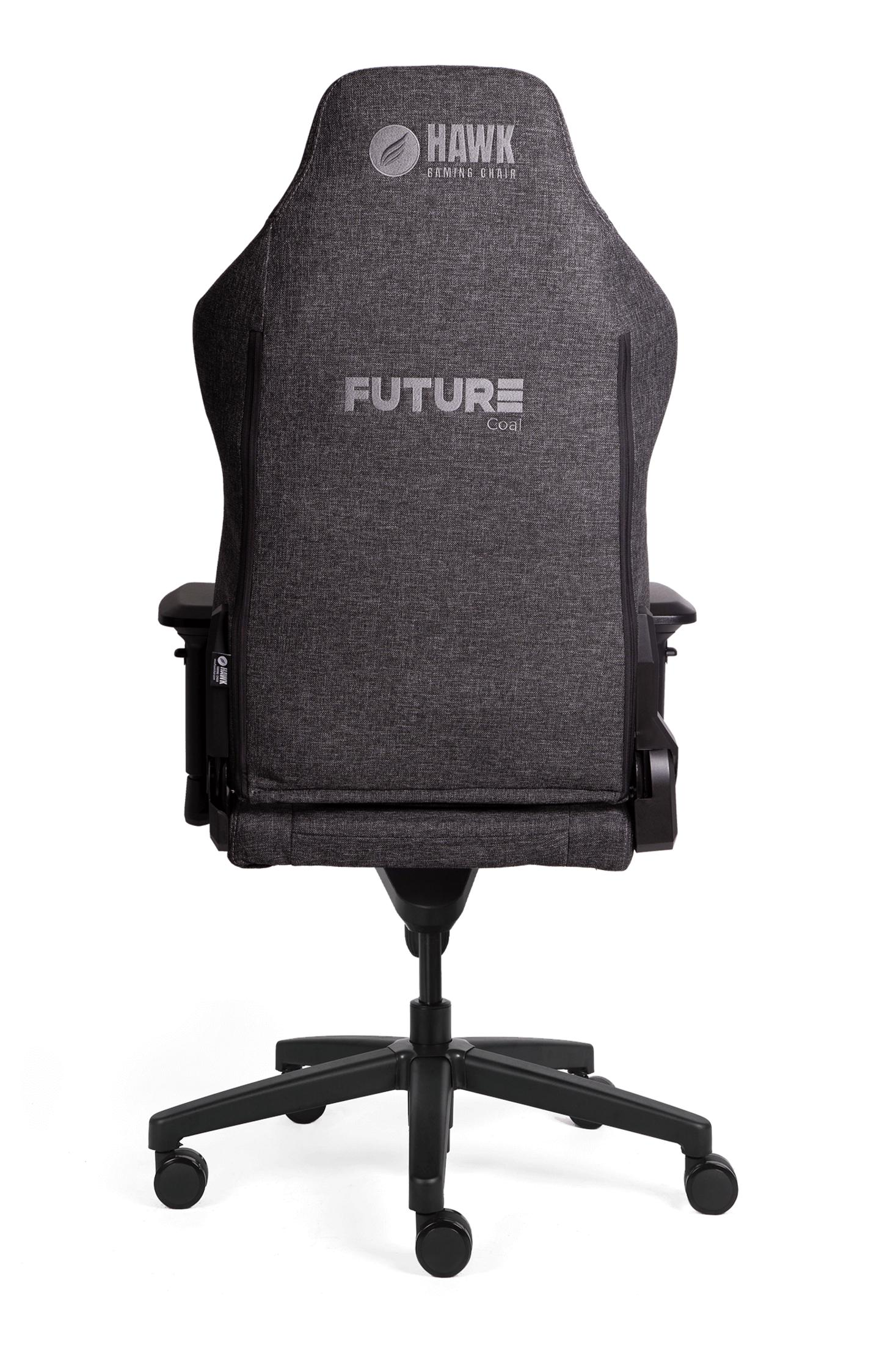 HAWK logosu ve FUTURE yazısı bulunan koyu gri oyuncu koltuğunun arka görünümü.