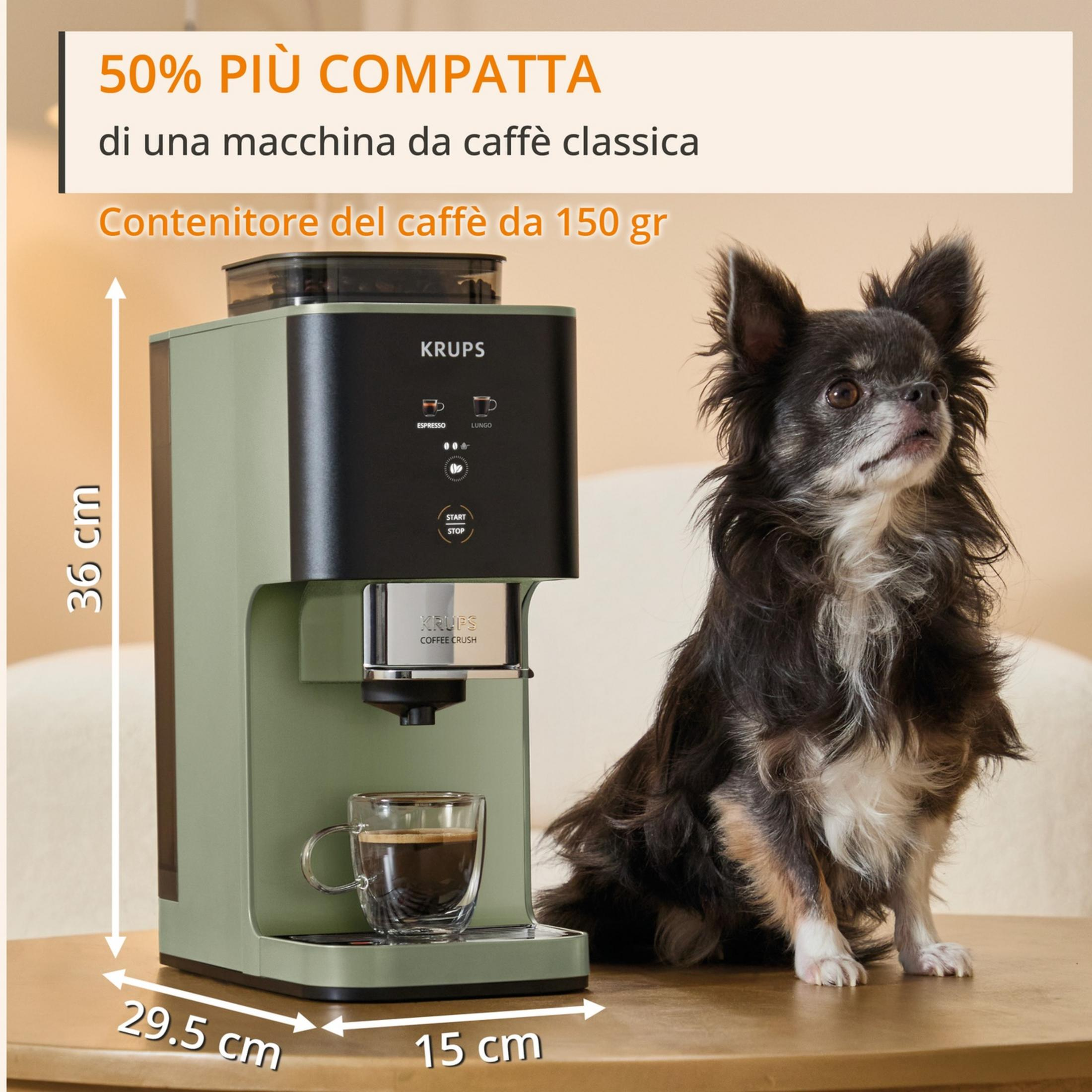 Una macchina da caffè KRUPS verde con una tazzina di espresso e un chihuahua.