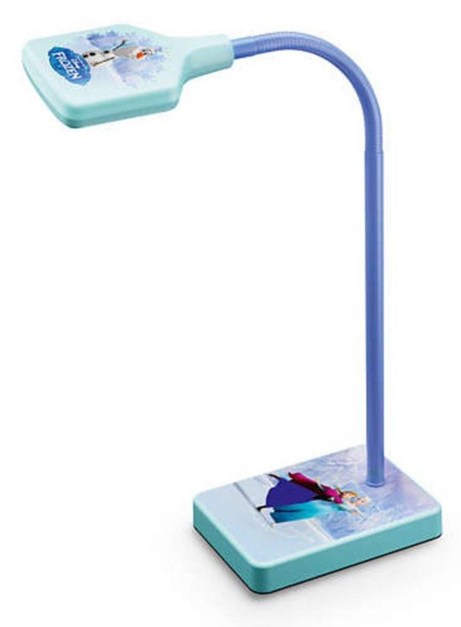 Una lámpara de escritorio azul con cuello flexible, con personajes de Frozen.