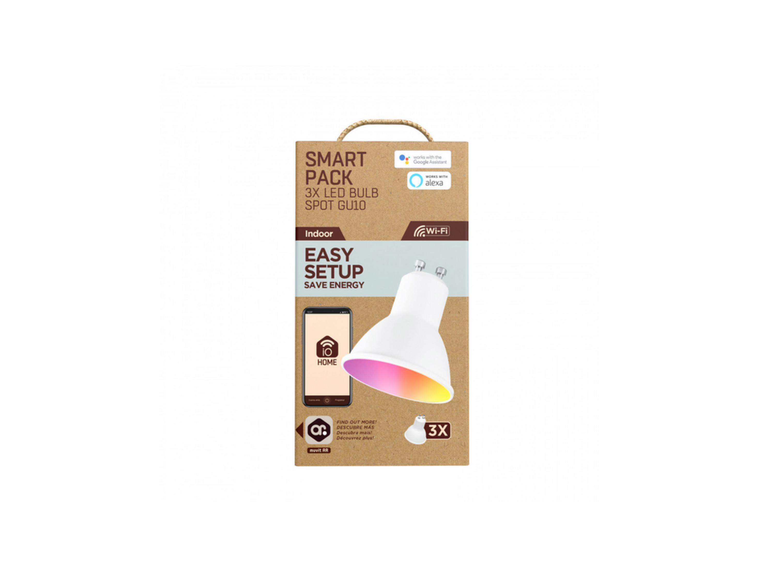 Confezione per 3 lampadine spot LED GU10 smart con Wi-Fi e controllo vocale.