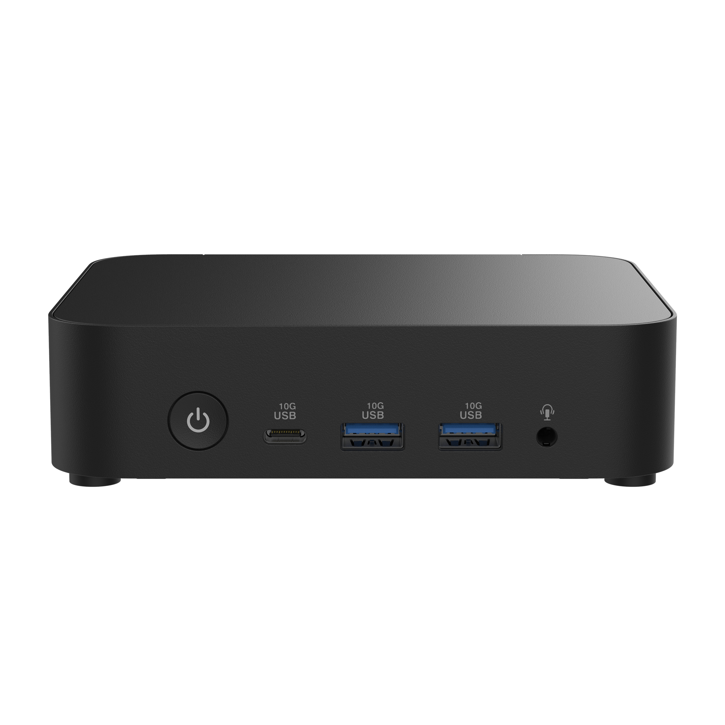 Schwarzer Mini-PC mit Ein-/Aus-Taste, 3x 10G USB, Kopfhöreranschluss.