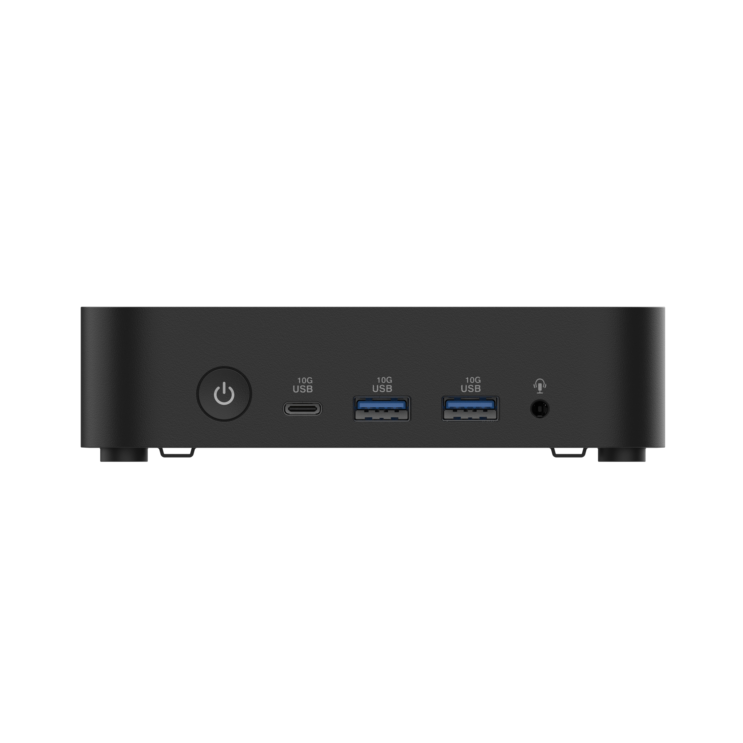 Schwarzes Mini-PC-Gehäuse mit Ein/Aus-Taste und USB-Anschlüssen.