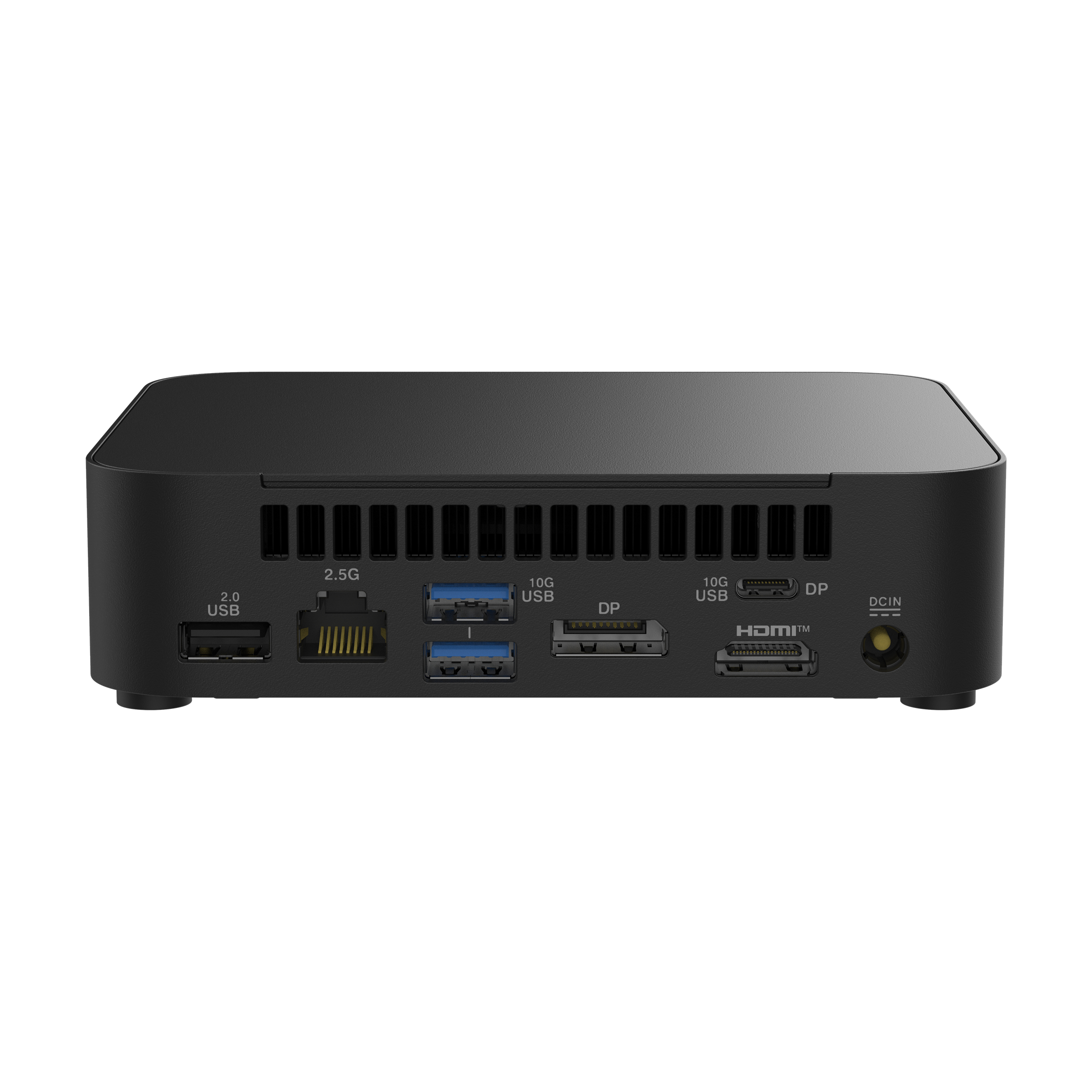 Schwarzer Mini-PC mit Lüftungsschlitzen und Anschlüssen: USB, LAN, DP, HDMI, DCIN.