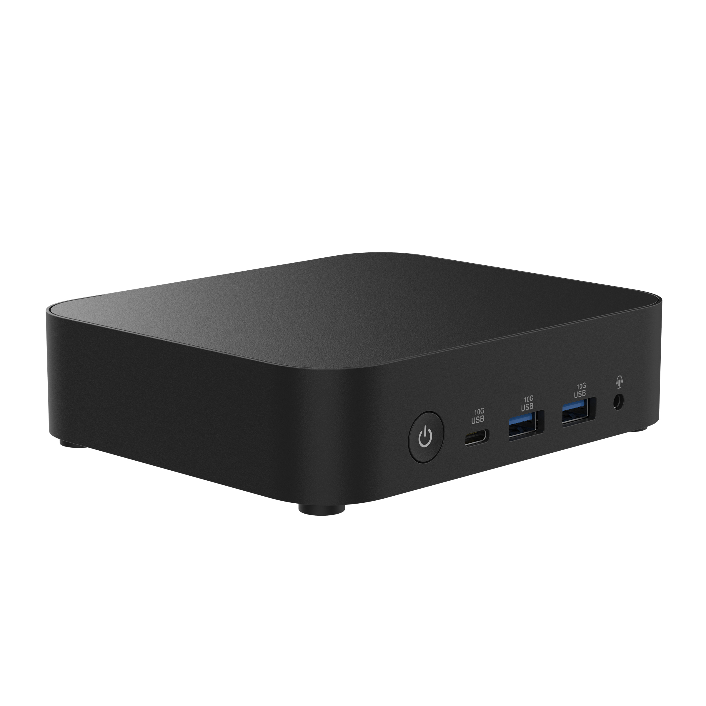 Ein schwarzes Mini-PC-Gehäuse mit Power-Knopf und USB-Anschlüssen.