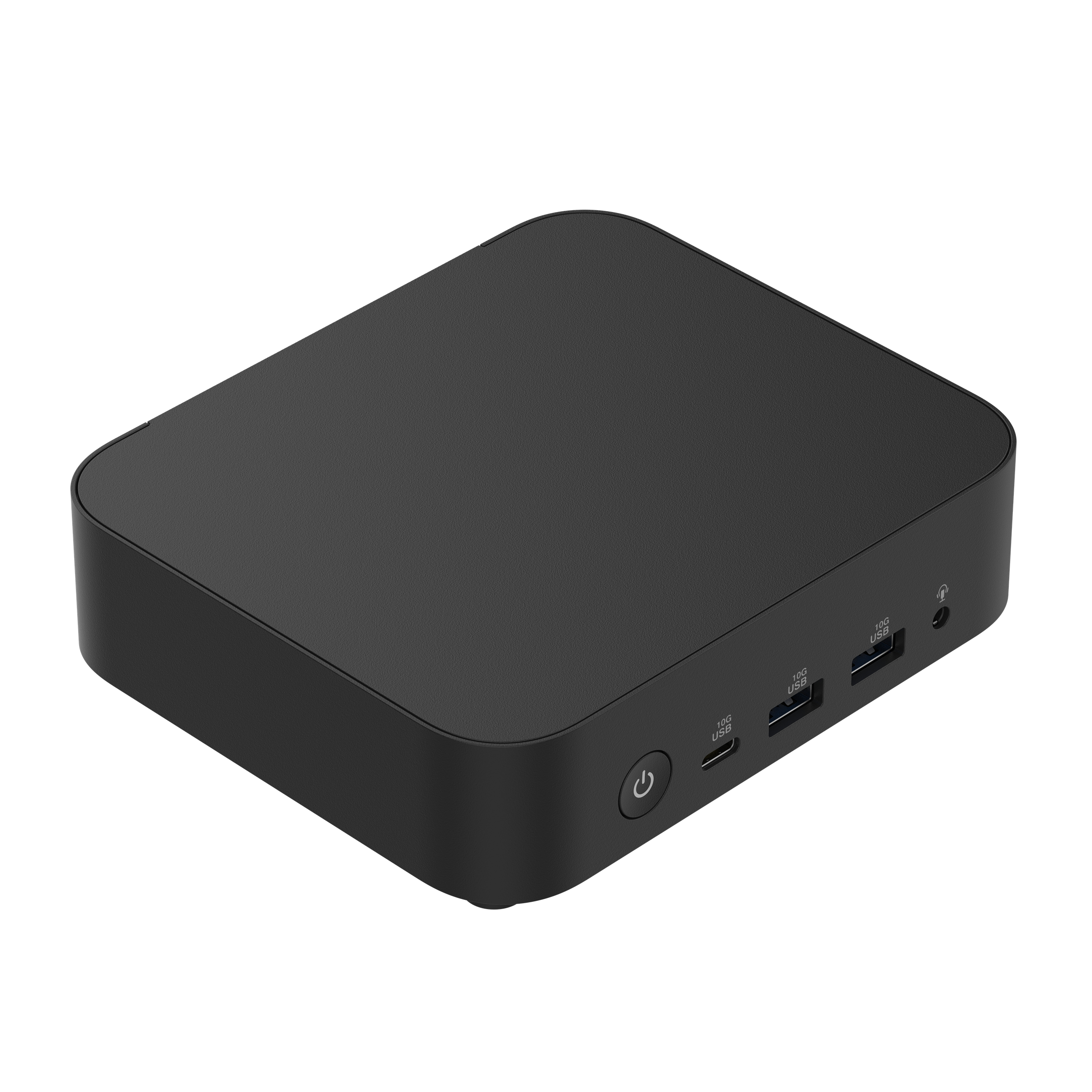 Ein schwarzes Mini-PC-Gehäuse mit Ein-/Aus-Taste und USB-Anschlüssen.