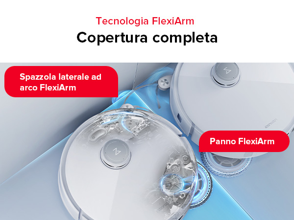 Dwa białe roboty sprzątające z technologią FlexiArm. Jeden pokazuje mechanizm wewnętrzny.
