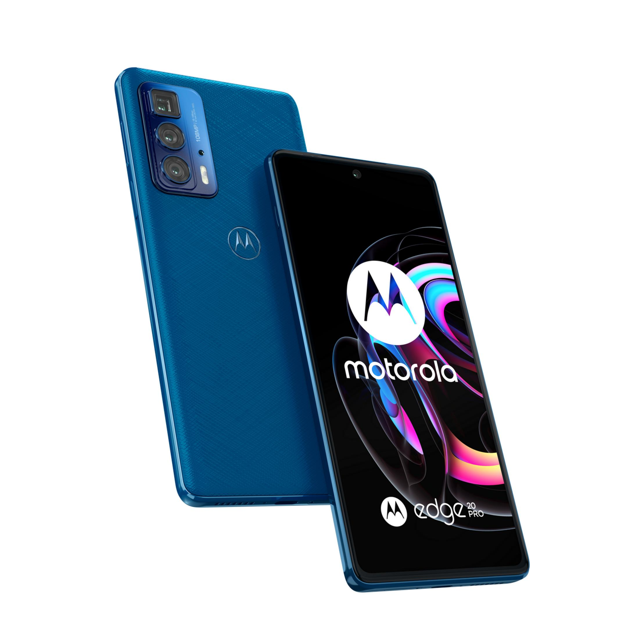 Blue Motorola Edge 20 Pro smartphone with triple rear camera.