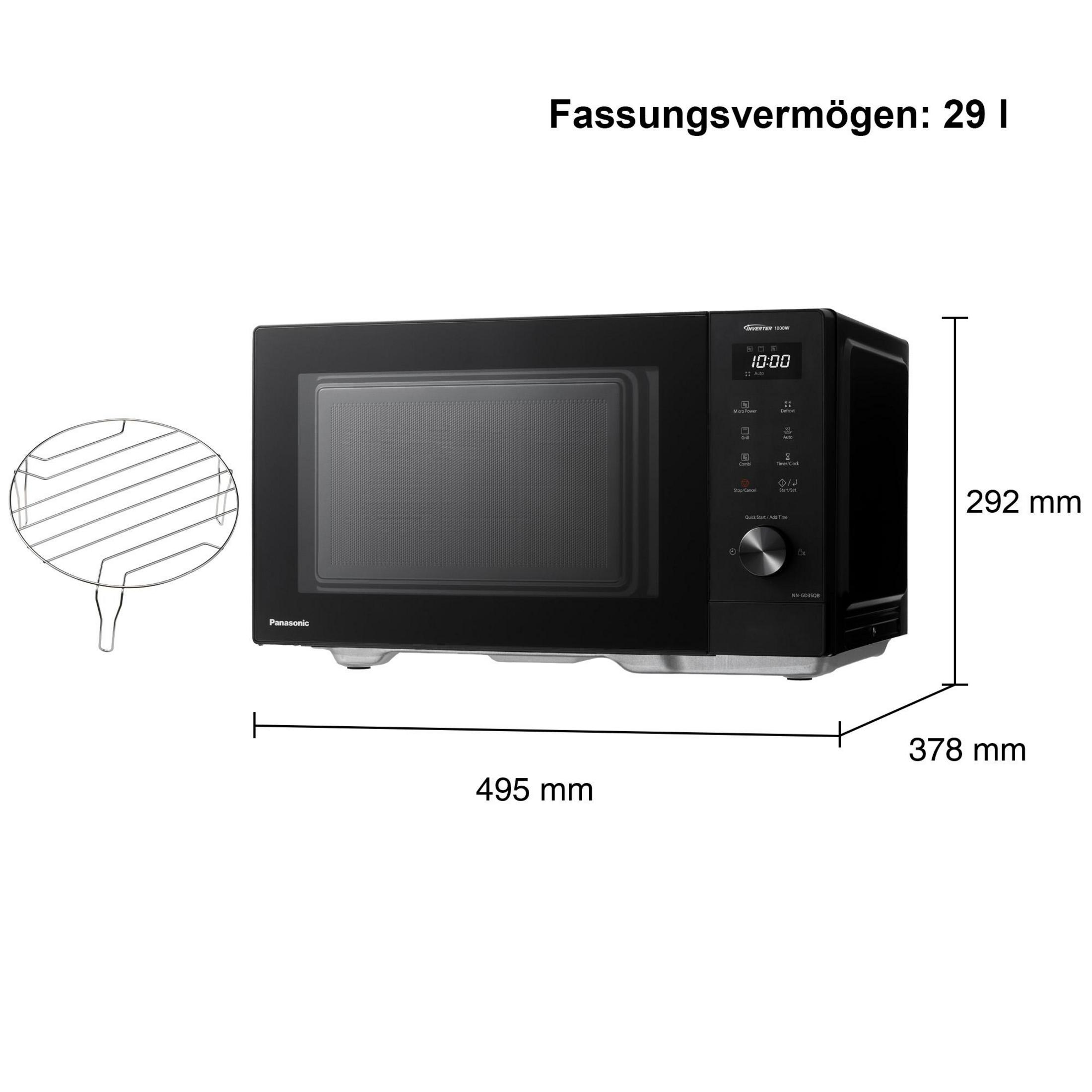 Schwarze Panasonic Mikrowelle mit Grillfunktion und Display. Maße: 495x378x292mm.