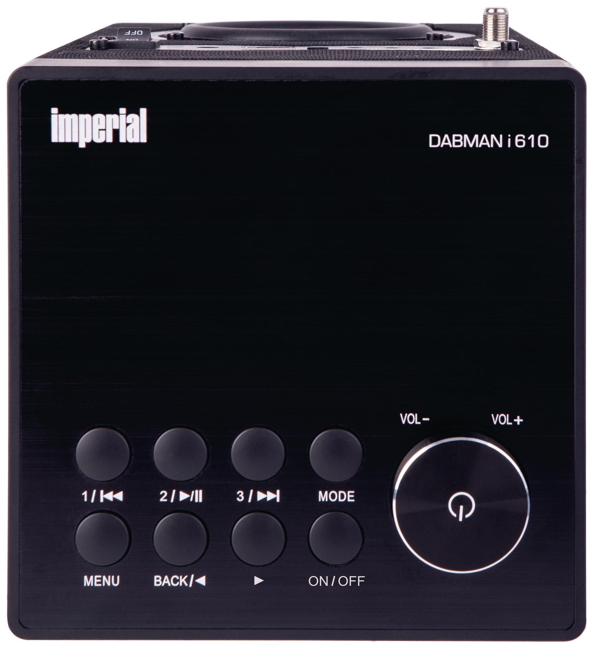 Ein schwarzer DABMAN i610 mit Tasten und einem Power-Symbol.