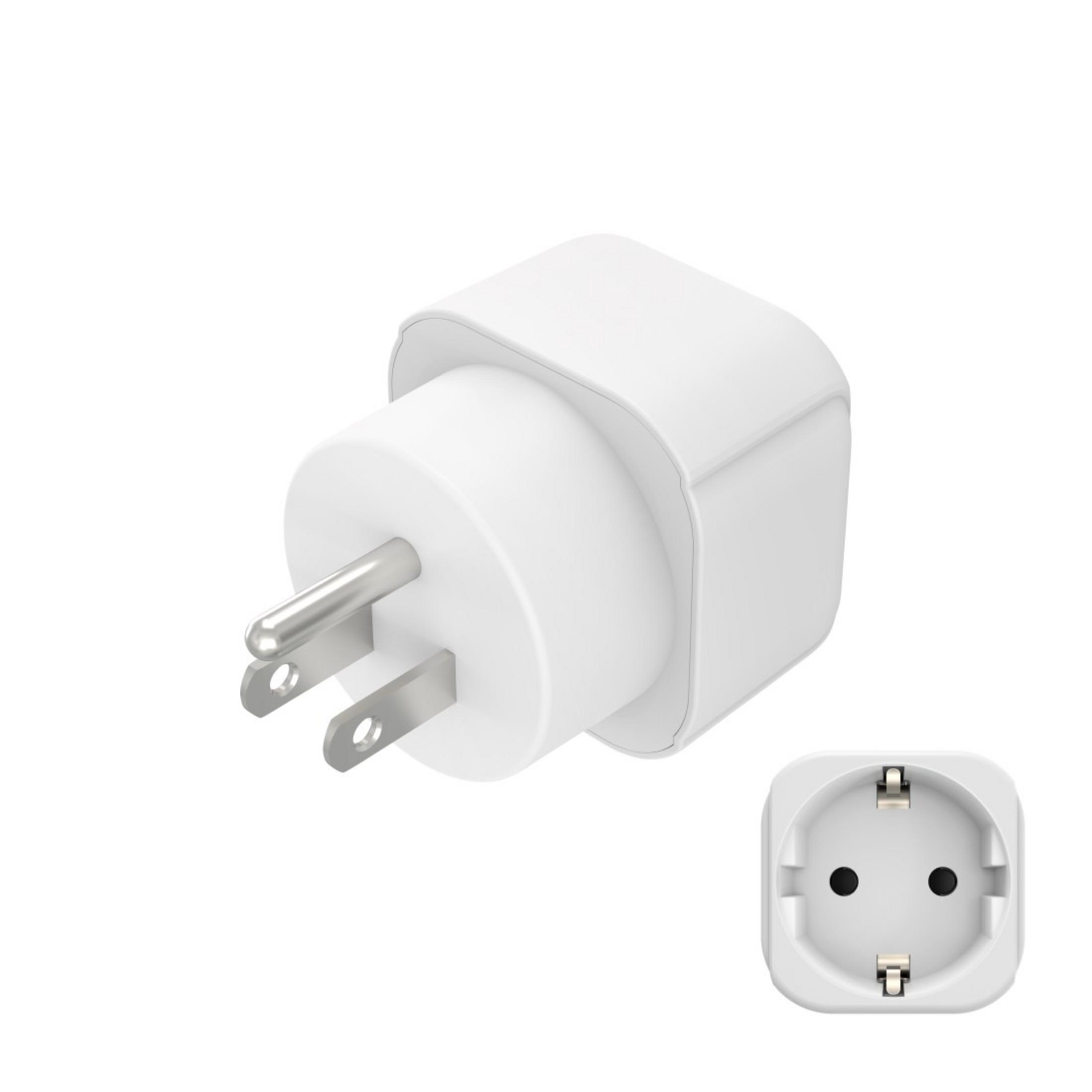 Un adattatore da viaggio bianco con spina USA e presa europea.