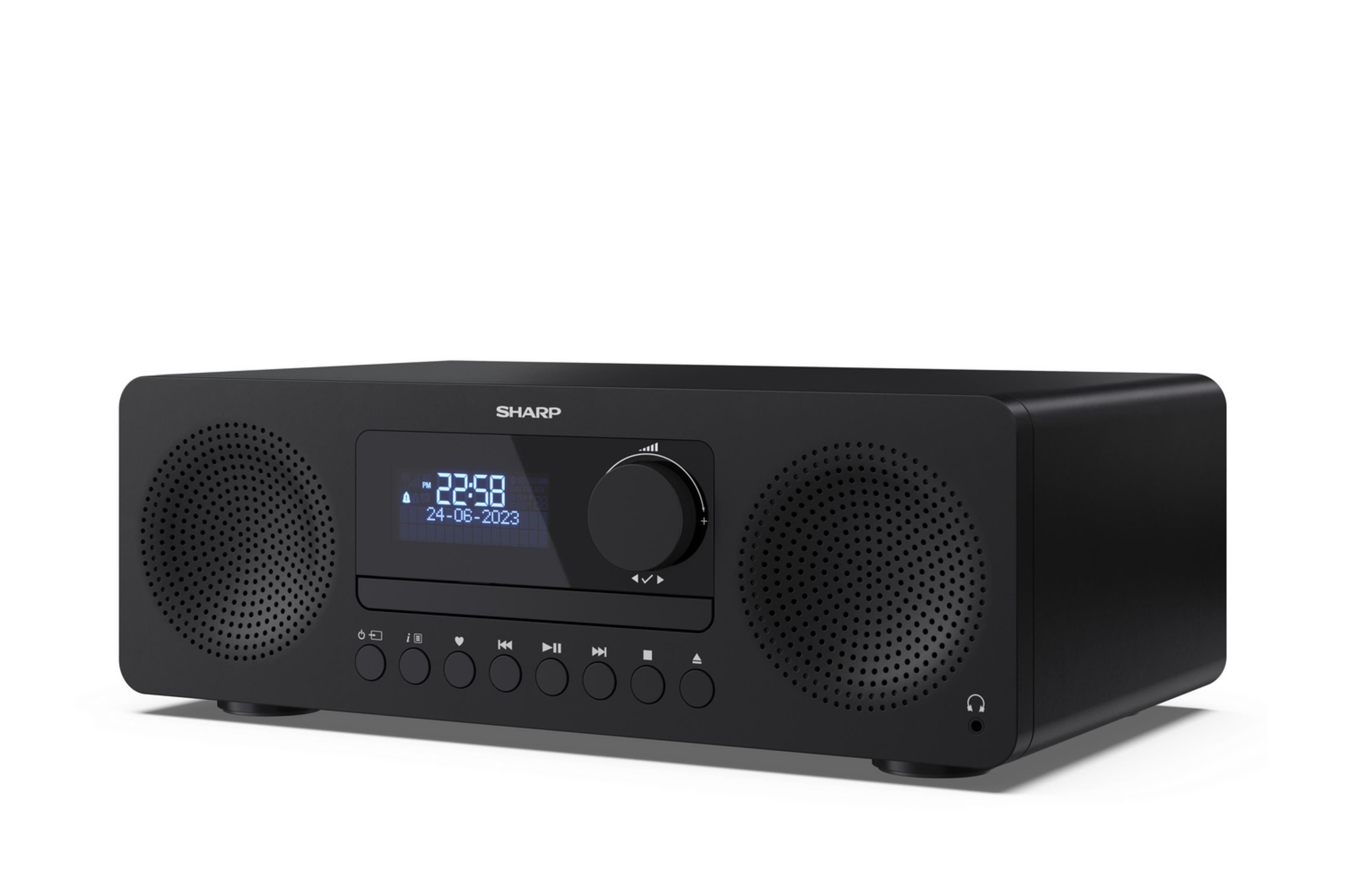 Schwarzer Sharp Radio mit Lautsprechern, Display und Bedienelementen.