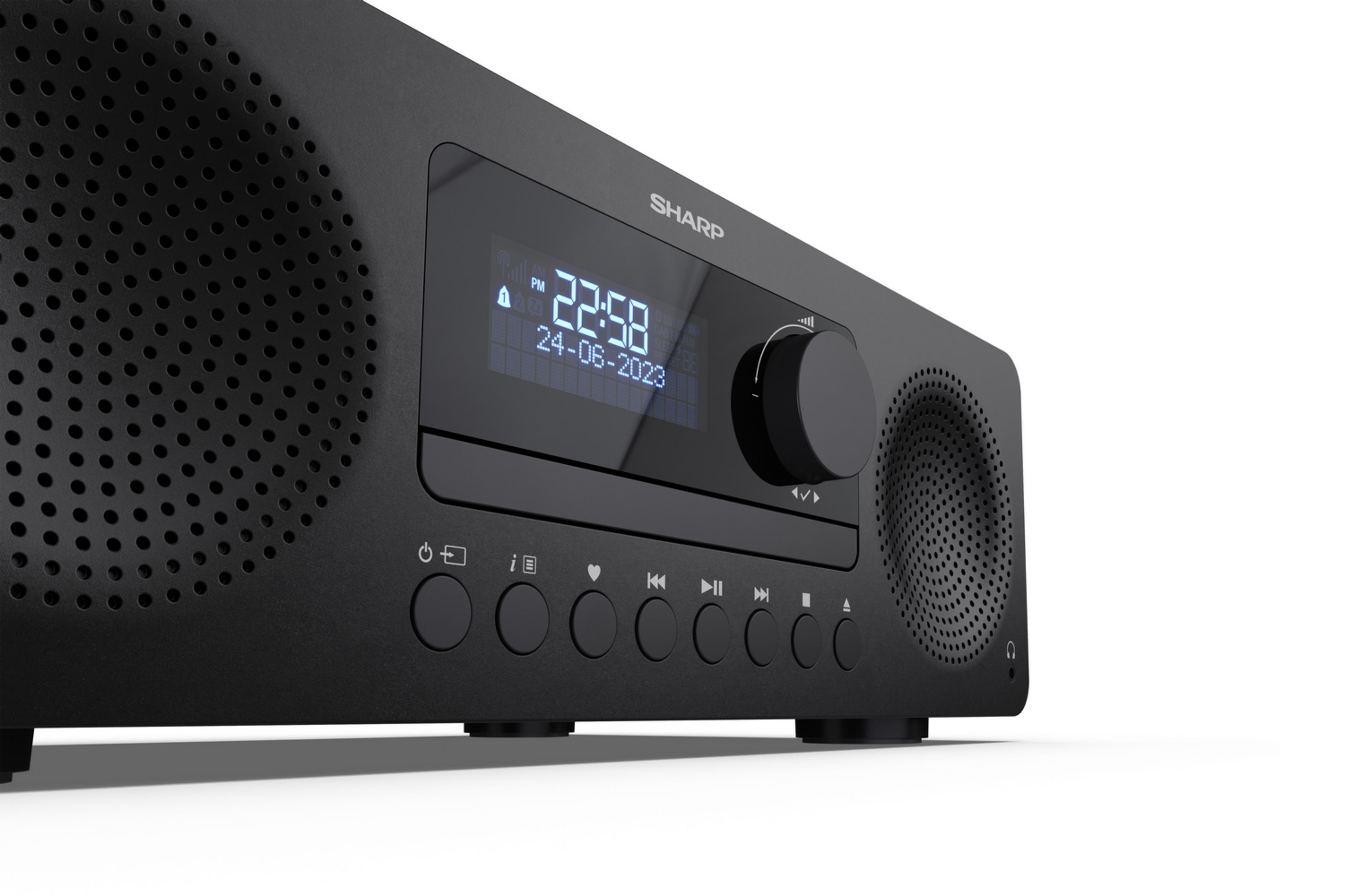 Schwarzer SHARP Radiowecker mit digitaler Anzeige, Lautstärkeregler und Lautsprechergittern.