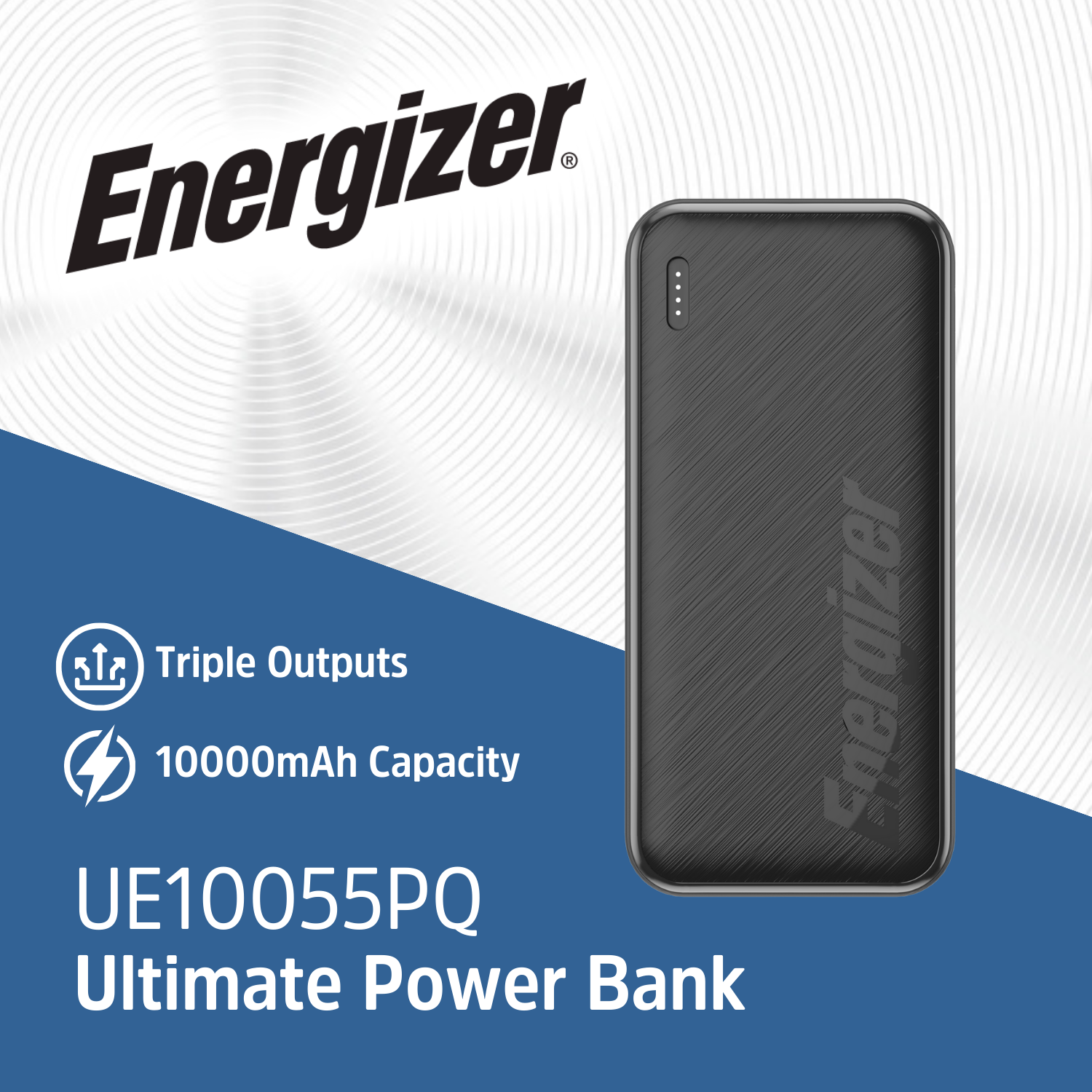 Energizer UE10055PQ powerbank: 10000mAh, drievoudige uitgangen.