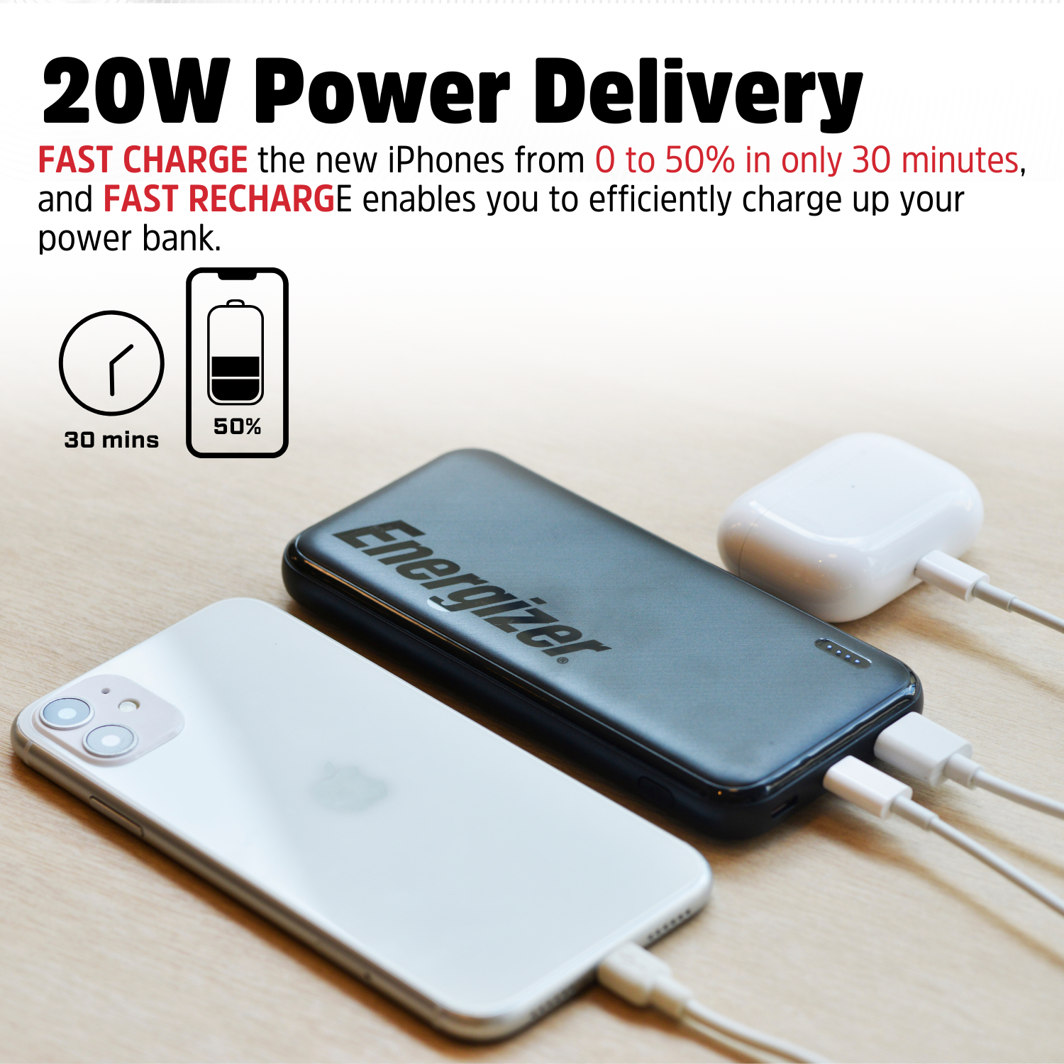 Een zwarte Energizer powerbank laadt een witte iPhone en een witte AirPods case op.