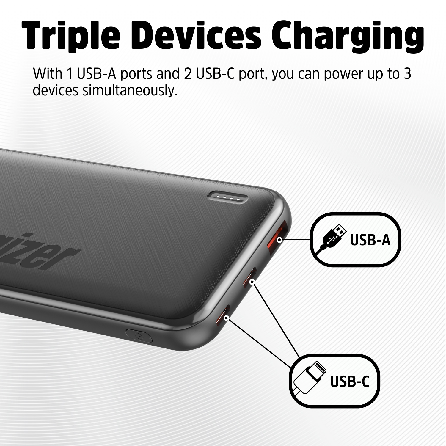 Zwarte lader met 1 USB-A en 2 USB-C poorten.