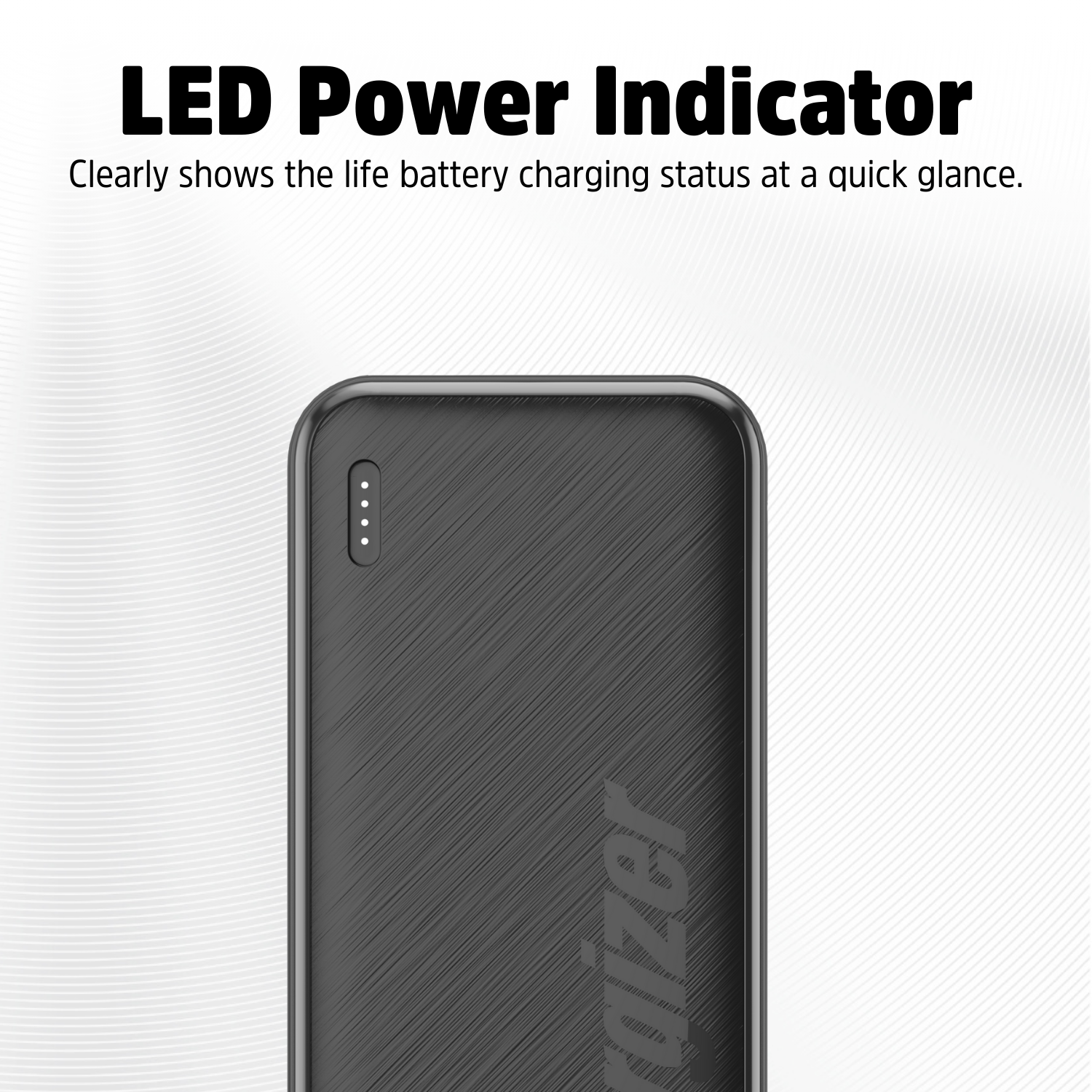 Zwarte powerbank met vier LED-lampjes die de batterijstatus aangeven.