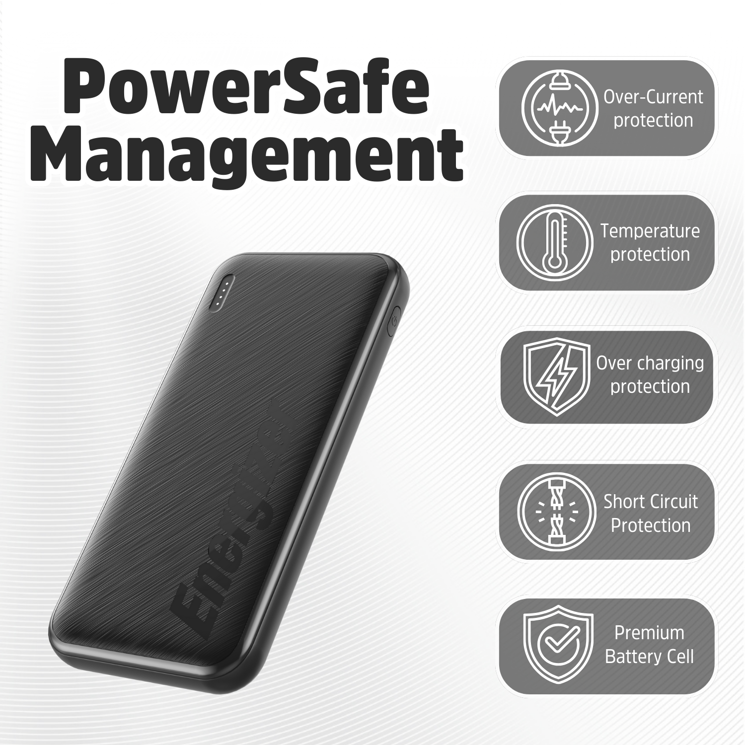Zwarte Energizer powerbank met beveiligingen: overstroom, temp, overladen, kortsluiting.