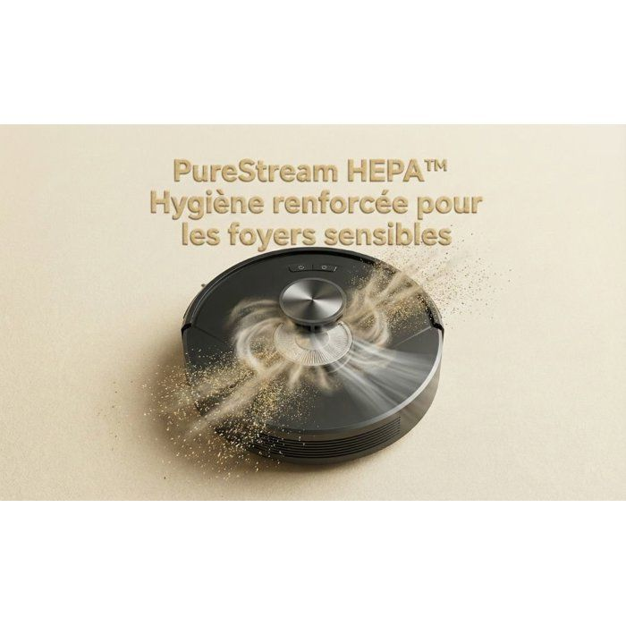 Un robot aspirapolvere nero aspira polvere e detriti su un tappeto beige chiaro.