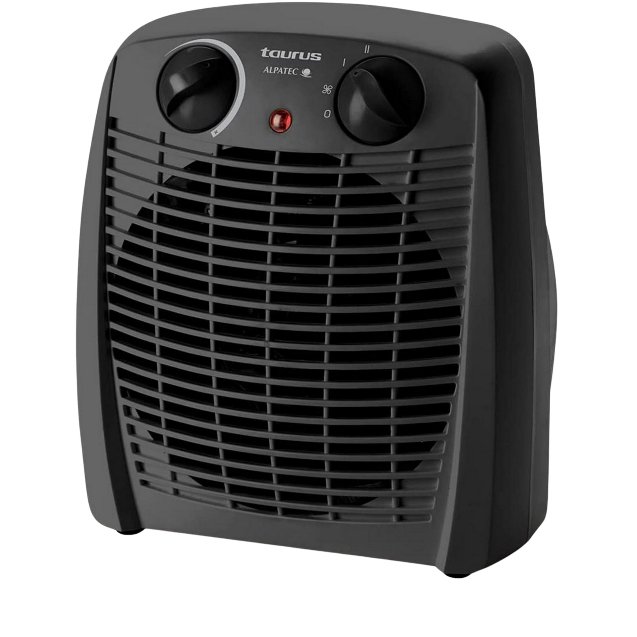 Un calefactor Taurus Alpatec negro con rejilla y dos mandos.