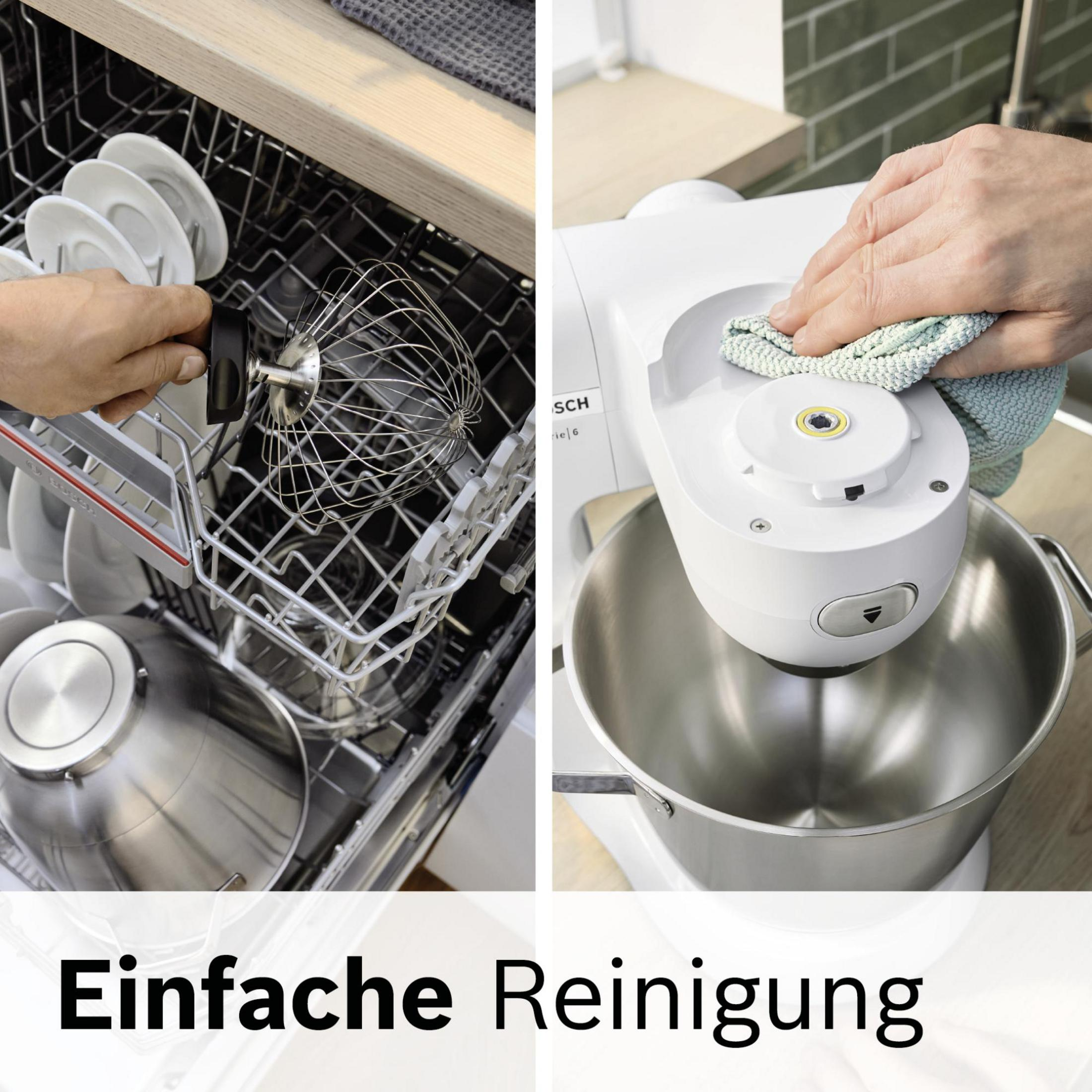 Geschirr im Geschirrspüler und Küchenmaschine wird mit Tuch abgewischt.