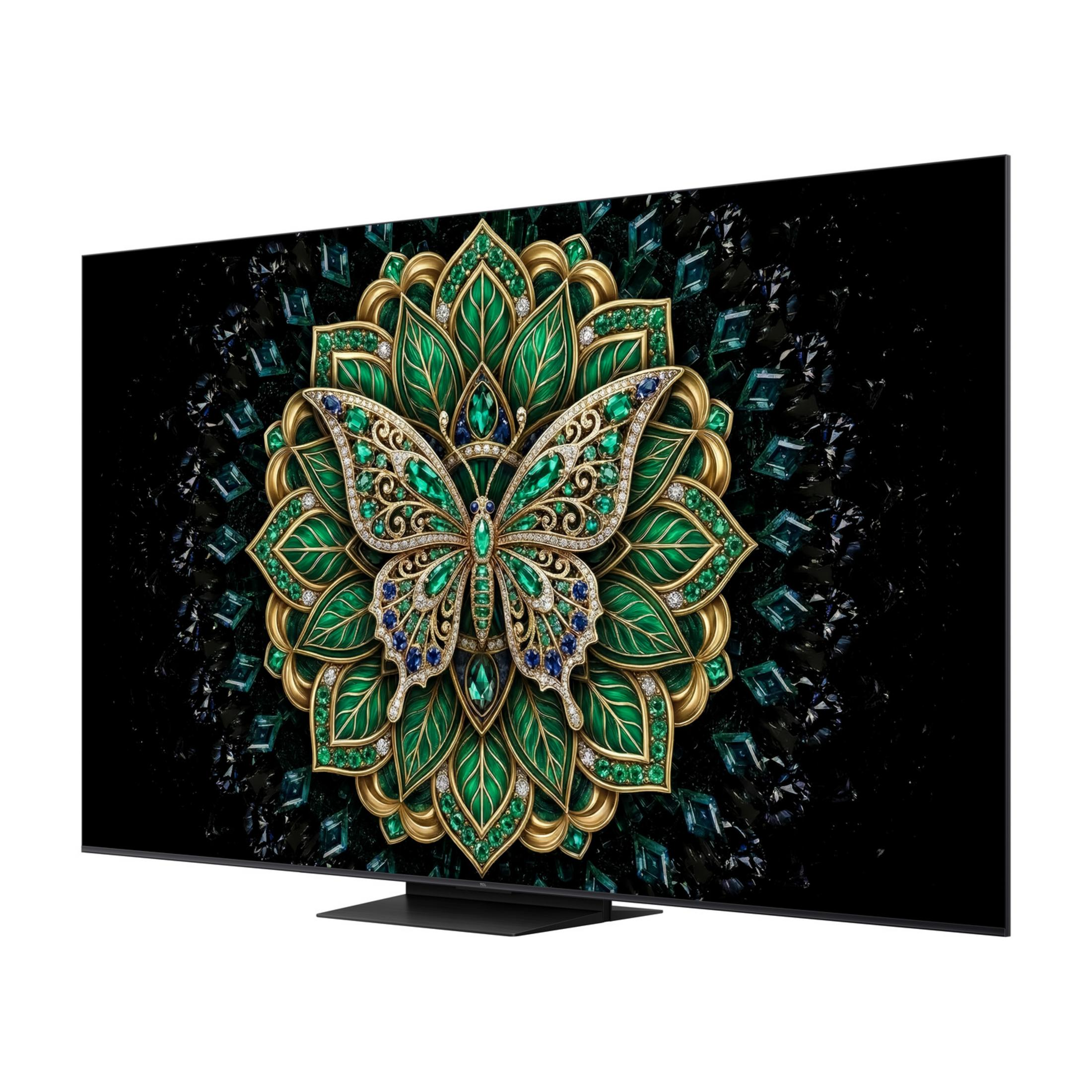 Un televisor moderno muestra un diseño de mariposa enjoyada sobre fondo negro.