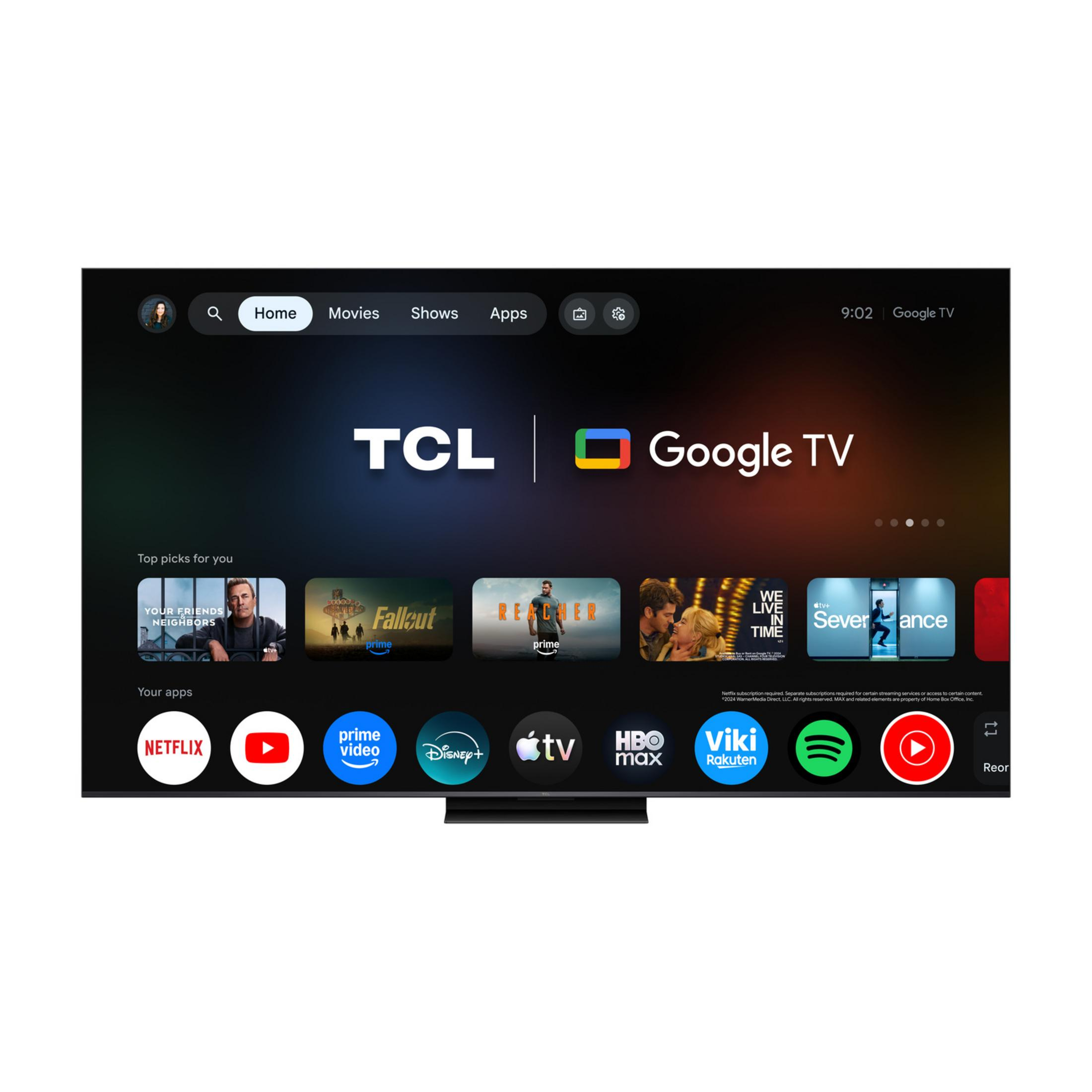 Un Google TV de TCL mostrando apps como Netflix, Prime Video, Disney+ y más.
