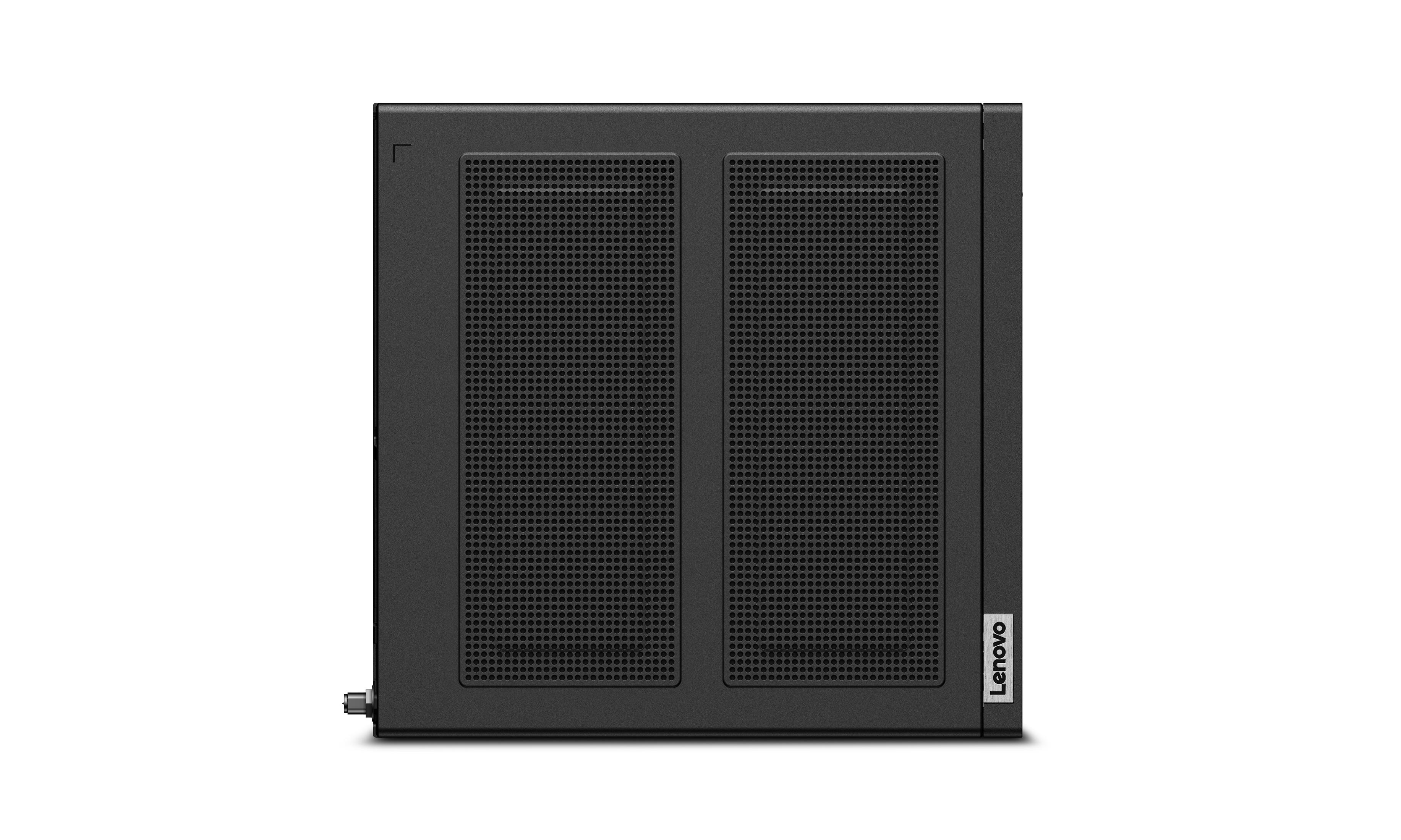 Schwarzer Lenovo Computer-Tower mit Lüftungsgitter und silbernem Logo.