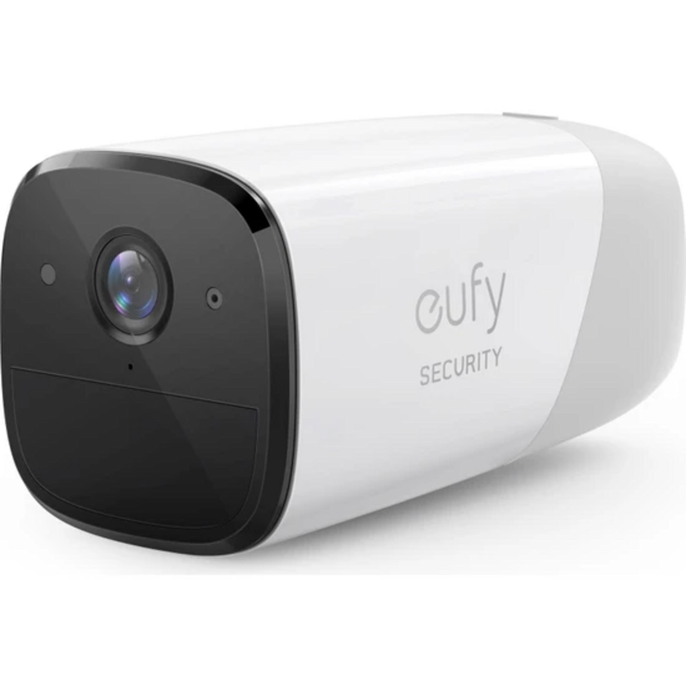 Telecamera di sicurezza Eufy bianca con obiettivo e parte inferiore nere.